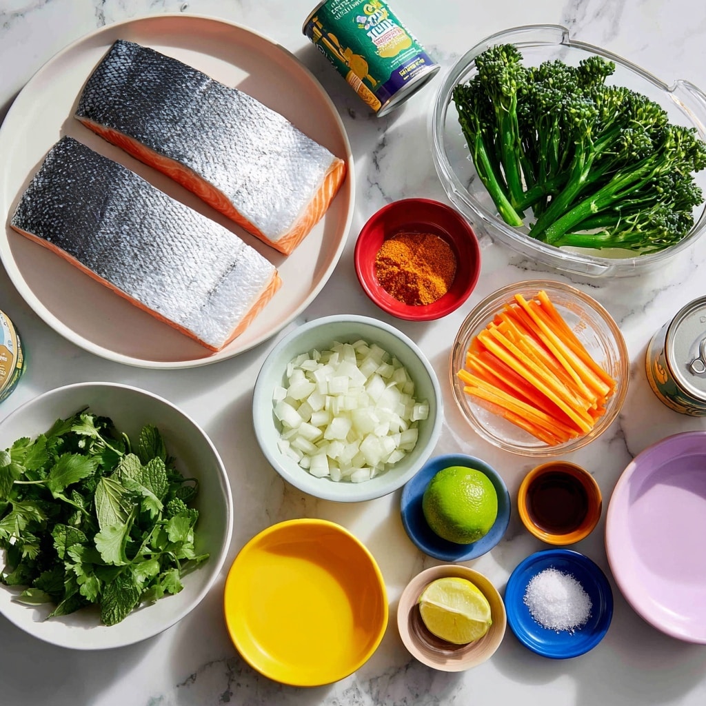 The image shows ingredients arranged neatly on a white marbled surface. There are three salmon fillets with shiny silver skin on a white plate at the top left. To their right is a can of coconut milk, next to a clear measuring cup filled with bright green broccolini. Below the broccolini is another clear measuring cup with thin, long orange carrot strips. Near the center is a small red bowl with lime juice and a bright green basil bunch below it. To the left of the basil, a white bowl holds chopped white onions, while a white bowl with fresh green cilantro is nearby. Small colorful bowls hold other ingredients: yellow bowl with red curry paste, dark blue bowl with a light yellow pat of butter, orange bowl with brown sugar, light blue bowl with fish sauce, pink bowl with olive oil, and a small purple bowl with minced garlic. The setup looks very organized and fresh photo taken with an iphone --ar 4:5 --v 7