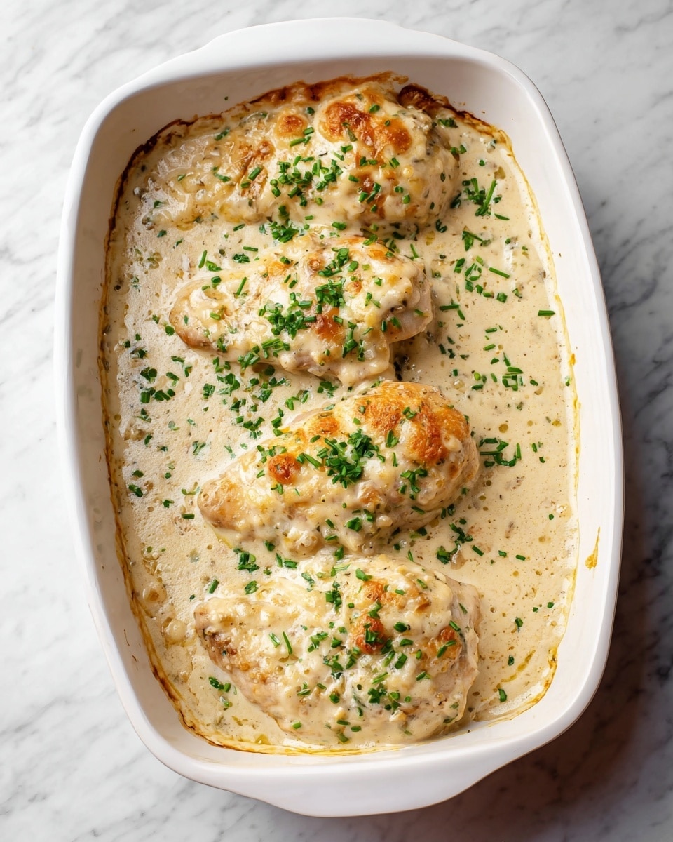 A white baking dish filled with four pieces of cooked chicken topped with a creamy, golden-browned sauce. The sauce is thick, smooth, and light beige in color with some darker toasted spots on the surface. Green chopped herbs are sprinkled evenly over the top. The dish sits on a white marbled surface. Photo taken with an iphone --ar 4:5 --v 7