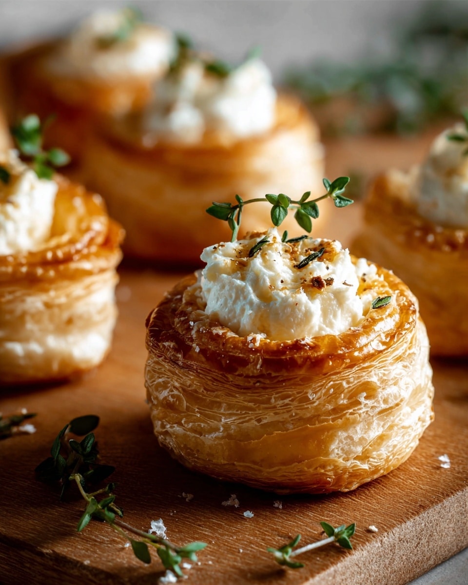 The image shows close-up of small round puff pastries with golden brown, flaky, and layered crusts. Each pastry has a creamy white filling in the center that looks soft and slightly crumbly. On top of the filling, there are small fresh green herb sprigs placed for decoration. The pastries are placed directly on a wooden surface with a few loose herb sprigs scattered around. The warm golden tones of the pastries contrast with the soft white filling and green herbs photo taken with an iphone --ar 4:5 --v 7