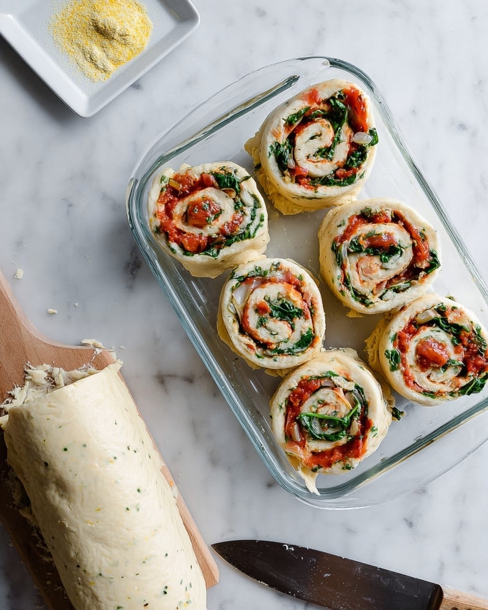 A rectangular pizza dough spread out on a white marbled surface with a thin layer of red tomato sauce evenly covering the dough, leaving a small border around the edge; scattered in clusters on top of the sauce are cooked wilted spinach and caramelized onions showing a glossy texture and deep green and amber-brown colors; a woman's hand is placing fresh bright green basil leaves on top of the spinach and onions, adding a fresh leafy layer to the pizza. Photo taken with an iphone --ar 4:5 --v 7
