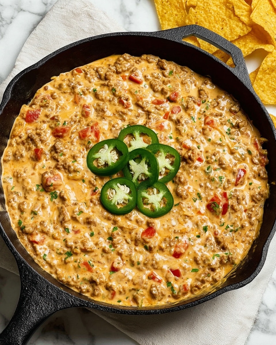 The image shows a black cast iron pan filled with a thick, creamy cheese dip that has a rich yellow-orange color with bits of red and green peppers mixed in, giving it a textured look. On top of the dip, there is a small pile of sliced green jalapeños arranged in a circular pattern in the center, adding a fresh green contrast. A single yellow tortilla chip rests partly in the dip near the jalapeños. The pan is placed on a white marbled surface and is partly covered with a green and white striped cloth. Some tortilla chips are scattered next to the pan on the surface. Photo taken with an iphone --ar 4:5 --v 7