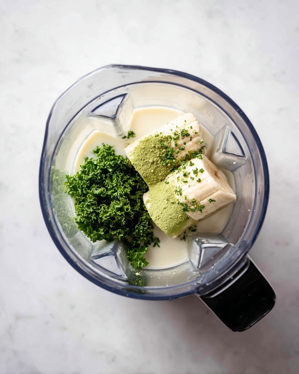 A clear blender is shown from above on a white marbled surface, containing three main layers. The bottom layer is a light cream liquid. On this liquid, there is a bunch of dark green curly kale placed towards the left side. Next to the kale, on the right, are two light beige frozen banana pieces, with a sprinkling of bright green powder on top of the bananas and some on the kale as well. The blender handle is black and positioned on the lower right edge of the image. Photo taken with an iphone --ar 4:5 --v 7