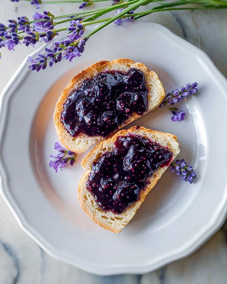 Two pieces of light golden bread with soft, airy texture are placed on a white plate with a fluted edge. Each piece is spread with a thick layer of dark purple, shiny jam that has visible whole berries and small seeds, creating a rich, glossy surface. Around the bread slices, there are a few sprigs of delicate purple lavender flowers with green stems, adding color contrast and a fresh touch. The plate sits on a white marbled surface. photo taken with an iphone --ar 4:5 --v 7