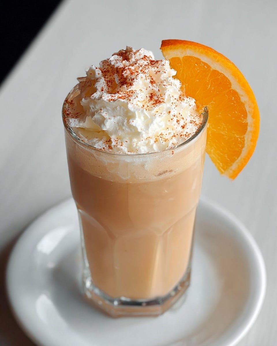 A tall clear glass filled with a creamy light brown drink sits on a white plate over a white marbled surface. On top of the drink, there is a thick layer of white whipped cream with a soft fluffy texture, sprinkled with a reddish-brown powder. A thick slice of bright orange fruit is placed leaning inside the glass on one side, adding a fresh pop of color. photo taken with an iphone --ar 4:5 --v 7