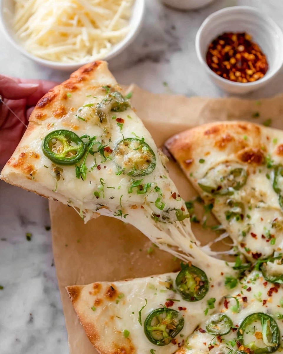 The image shows a slice of pizza being held by a woman's hand, lifted from a larger pizza on parchment paper over a white marbled surface. The pizza has a thin golden crust with a melted white cheese layer that stretches as the slice is pulled away. Slices of green jalapeño peppers are scattered evenly on top, along with small chopped green herbs and some red pepper flakes, adding color contrast to the white cheese. In the background, there is a white bowl with shredded cheese and another white bowl with red chili flakes, both slightly out of focus. Photo taken with an iphone --ar 4:5 --v 7