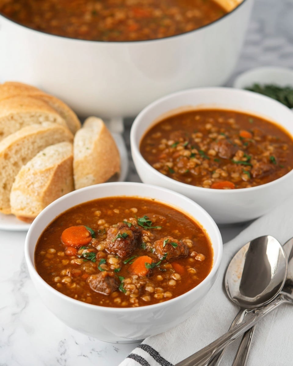The image shows two white bowls filled with thick, brown stew that has visible pieces of small round grains, orange carrot bits, and chunks of meat, topped with green herb pieces. Behind the bowls, there is a white pot full of the same stew, and to the side, there are several slices of light-colored bread stacked together on a white marbled surface. Two silver spoons rest next to the bowls on the right side, and a white cloth with thin black stripes lies underneath part of the bowls, pot, and bread. The photo is taken with an iphone --ar 4:5 --v 7