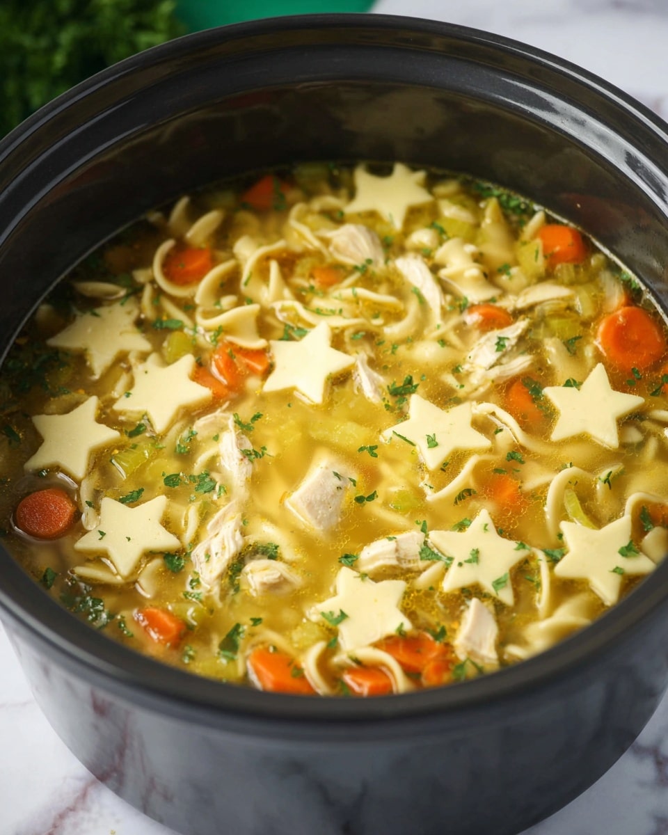 The image shows a black pot filled with chicken noodle soup. The soup has clear yellow broth with floating star-shaped noodles on top. Inside the soup are small pieces of white chicken, round orange carrot slices, and green celery bits, all mixed evenly. There are also thin, curly noodles scattered around the star shapes. Small chopped green herbs are sprinkled on the surface, adding a fresh touch. The pot sits on a white marbled surface with a blurred green background. photo taken with an iphone --ar 4:5 --v 7