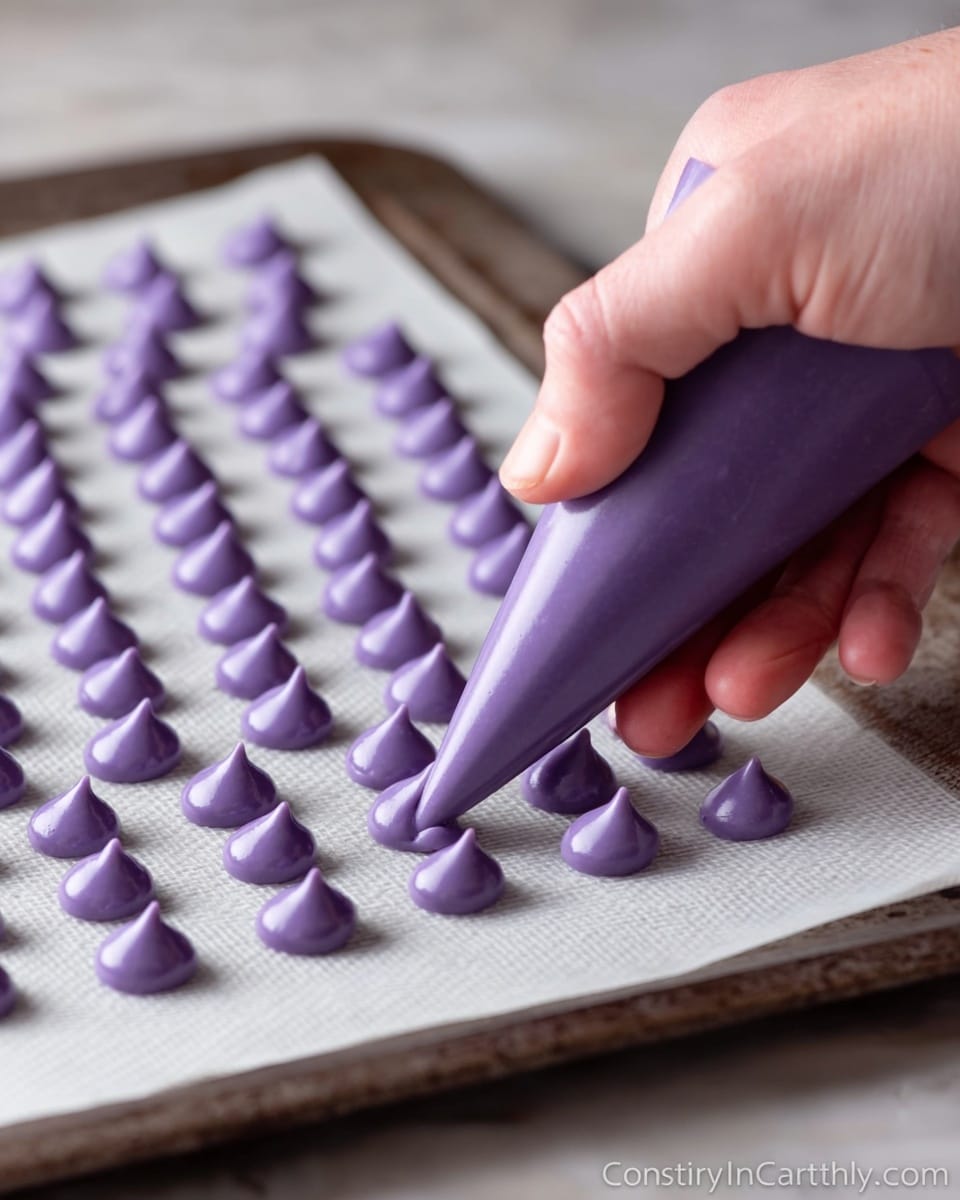 A woman's hand is holding a purple piping bag, squeezing out small, evenly spaced dollops of smooth, shiny purple batter onto a white baking tray lined with parchment paper. The dollops are arranged in neat rows, each one shaped like a small rounded mound with a glossy texture. The background shows a white marbled surface with soft lighting highlighting the detail of the batter and the woman's hand. photo taken with an iphone --ar 4:5 --v 7