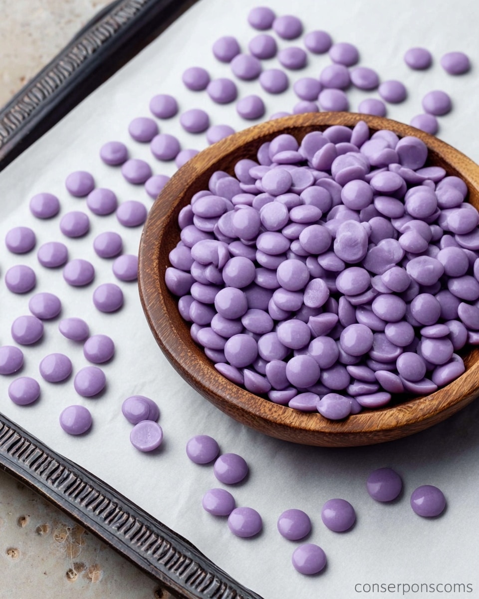 The image shows a wooden bowl full of small, smooth purple drops that look like candy or chocolate pieces placed on white parchment paper. Around the bowl, scattered purple drops form neat rows and some loose drops spill near the bowl, all on a white marbled surface. The purple drops are round and shiny with a soft, rounded dome shape. The parchment paper covers part of a black metal tray with a detailed pattern on the edge. The colors are mainly soft purple, brown from the wooden bowl, black from the tray, and white from the marbled surface and paper. photo taken with an iphone --ar 4:5 --v 7