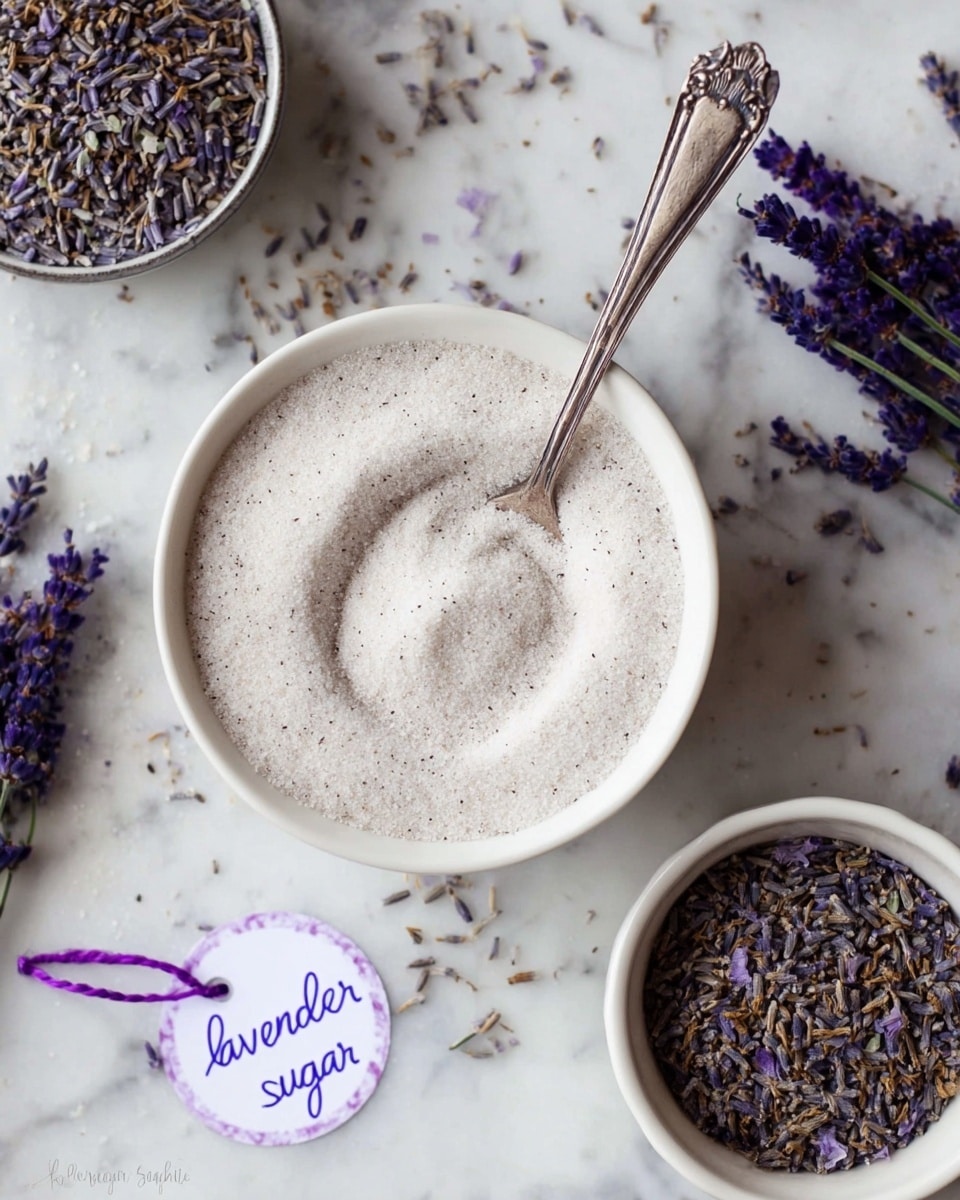 A white bowl filled with fine white granulated lavender sugar that has small dark lavender specks mixed throughout, with a silver spoon placed inside the bowl creating a swirl pattern in the sugar. Nearby, a smaller white bowl holds dried lavender buds that are dark purple and brown. Around the bowls are loose dried lavender petals and a few sprigs of fresh lavender flowers in dark purple. The background is a white marbled surface. A small round tag with purple string and handwritten text saying