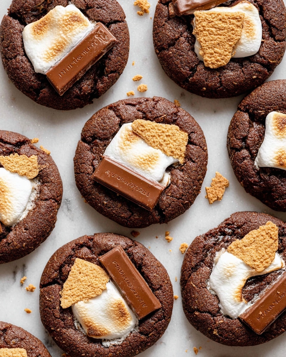 The image shows several round chocolate cookies with a rich dark brown color and soft, slightly cracked texture. Each cookie is topped with a melted white marshmallow patch, a rectangular piece of light brown milk chocolate with the brand name engraved, and a small piece of golden toasted graham cracker, all placed near the center of each cookie. The cookies are arranged closely together on a white marbled textured surface with small crumbs scattered around. photo taken with an iphone --ar 4:5 --v 7