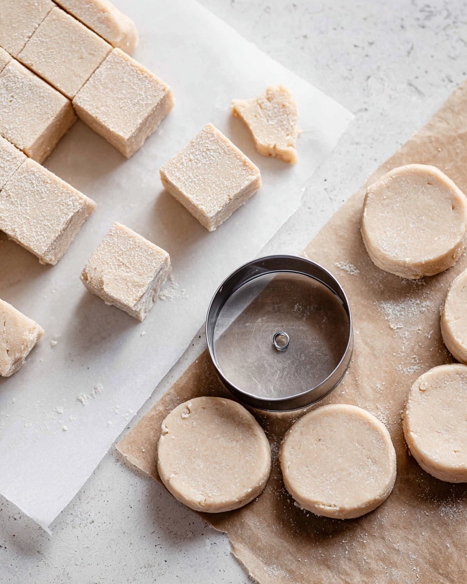 The image shows two close-up views of light beige dough shapes on white parchment paper over a white marbled surface. On the left side, there are small square dough pieces cut evenly, with a slightly grainy texture and soft edges. On the right side, round dough shapes have been cut with a metal cutter, with some dough circles still in place and the cutter resting nearby, showing smooth, flat surfaces and slightly rough sides. The dough looks soft and firm enough to hold its shapes well photo taken with an iphone --ar 4:5 --v 7