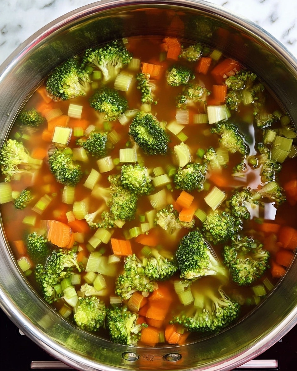 A stainless steel pot filled with clear brown broth containing a mix of bright green broccoli florets, small orange carrot cubes, and light green celery pieces. The broccoli pieces float near the top, showing their textured surfaces and small yellow buds. The carrot and celery cubes provide a colorful contrast beneath and among the broccoli. The pot sits on a white marbled surface. photo taken with an iphone --ar 4:5 --v 7