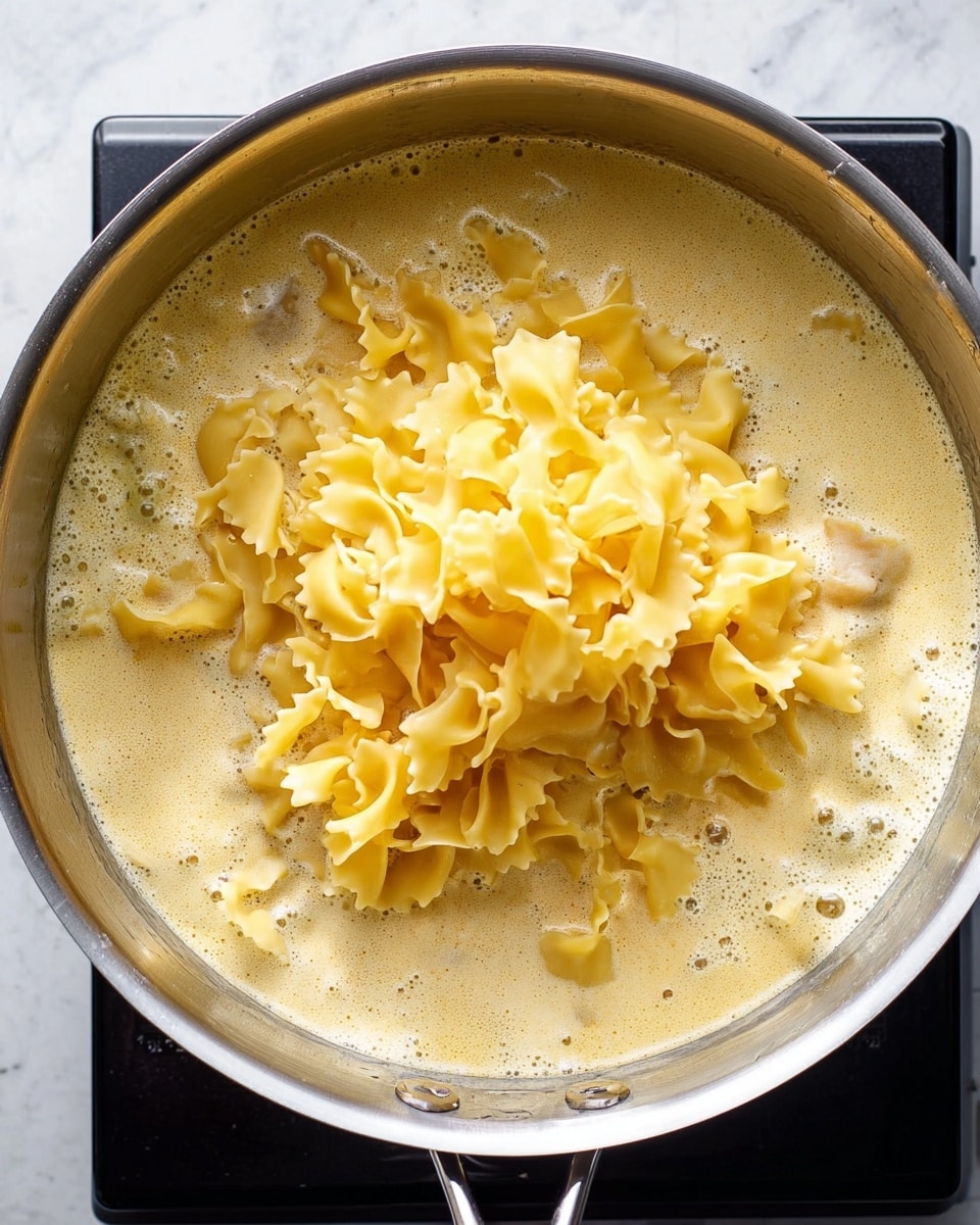 The image shows a stainless steel pot filled with a light beige creamy sauce with small bubbles on the surface, indicating it is simmering. On top of the sauce, there is a pile of uncooked yellow pasta with wavy edges, adding texture and contrast to the smooth sauce beneath. The pot is placed on a black induction stove, and the background surface is a white marbled texture. photo taken with an iphone --ar 4:5 --v 7