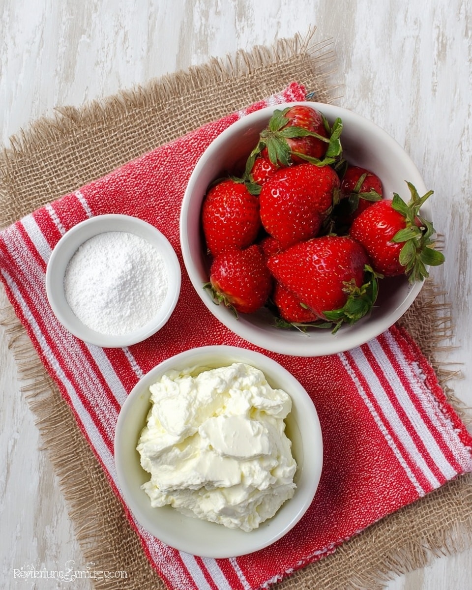The image shows three white bowls placed on a rough burlap cloth with red and white striped fabric underneath, all on a white marbled surface. The largest bowl is on the right, filled with bright red strawberries with green leaves on top. Below it, a medium bowl has a creamy white mixture with a fluffy texture. The smallest bowl at the top left contains fine white powdered sugar. Photo taken with an iphone --ar 4:5 --v 7