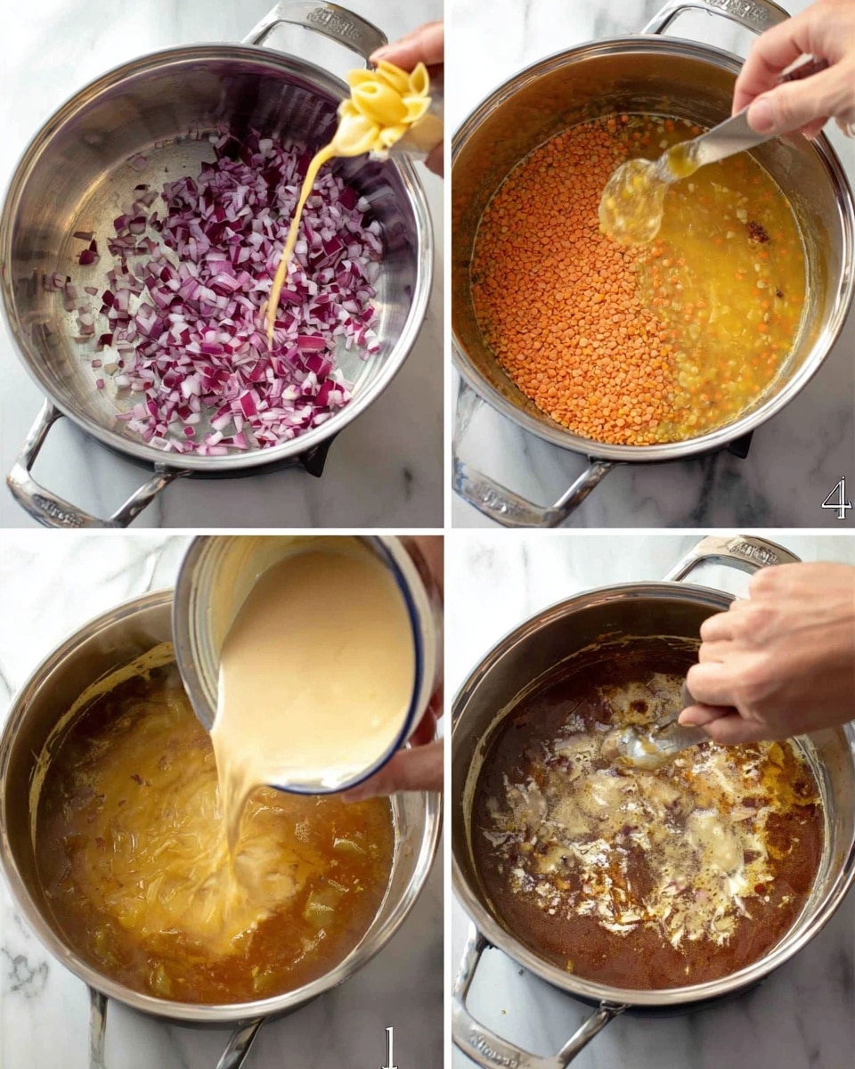 The image shows four steps of cooking in a shiny stainless steel pot on a white marbled surface. In the first step, there is a single layer of finely chopped red onion with a purple and white color sitting at the bottom of the pot. In the second step, the pot now has a layer of orange lentils mixed with the cooked onions, and a golden yellow liquid broth is being poured over them, creating a mix of orange, purple, and yellow colors. The third step shows a thick creamy light beige sauce being added on top of a dark brown soup layer in the pot, where tiny white pieces float. In the fourth step, two woman's hands are holding and breaking a pale yellow pasta shell above the bubbling orange-yellow soup, ready to drop it into the pot. The background remains a clean white marble. photo taken with an iphone --ar 4:5 --v 7