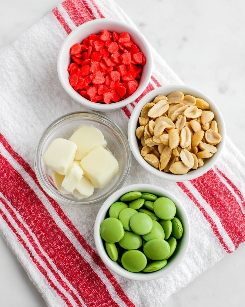 The image shows four small white bowls placed on a soft white cloth with bright red stripes. The top right bowl is filled with light brown peanuts that have a smooth texture and some dark spots. The bottom right bowl contains round, flat, shiny green candy melts with a smooth surface. The top left bowl holds small heart-shaped red sprinkles with a matte finish. The bottom left bowl has a dollop of solid white fat with a slightly grainy texture. The scene is bright and clean, set on a white marbled surface. photo taken with an iphone --ar 4:5 --v 7