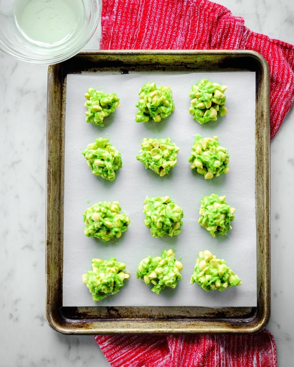 The image shows a slightly worn silver baking tray lined with white parchment paper placed on top of a white marbled surface with a red and white towel underneath. On the tray, there are nine small clusters of bright green, creamy, chunky mixture evenly spaced in three rows of three. Each cluster has a lumpy texture, with visible nut or piece shapes coated in the green mixture, resembling a thick sauce or candy. A small glass bowl with a translucent white substance is partially visible at the top of the image. The scene is brightly lit, highlighting the fresh and shiny look of the clusters. Photo taken with an iphone --ar 4:5 --v 7