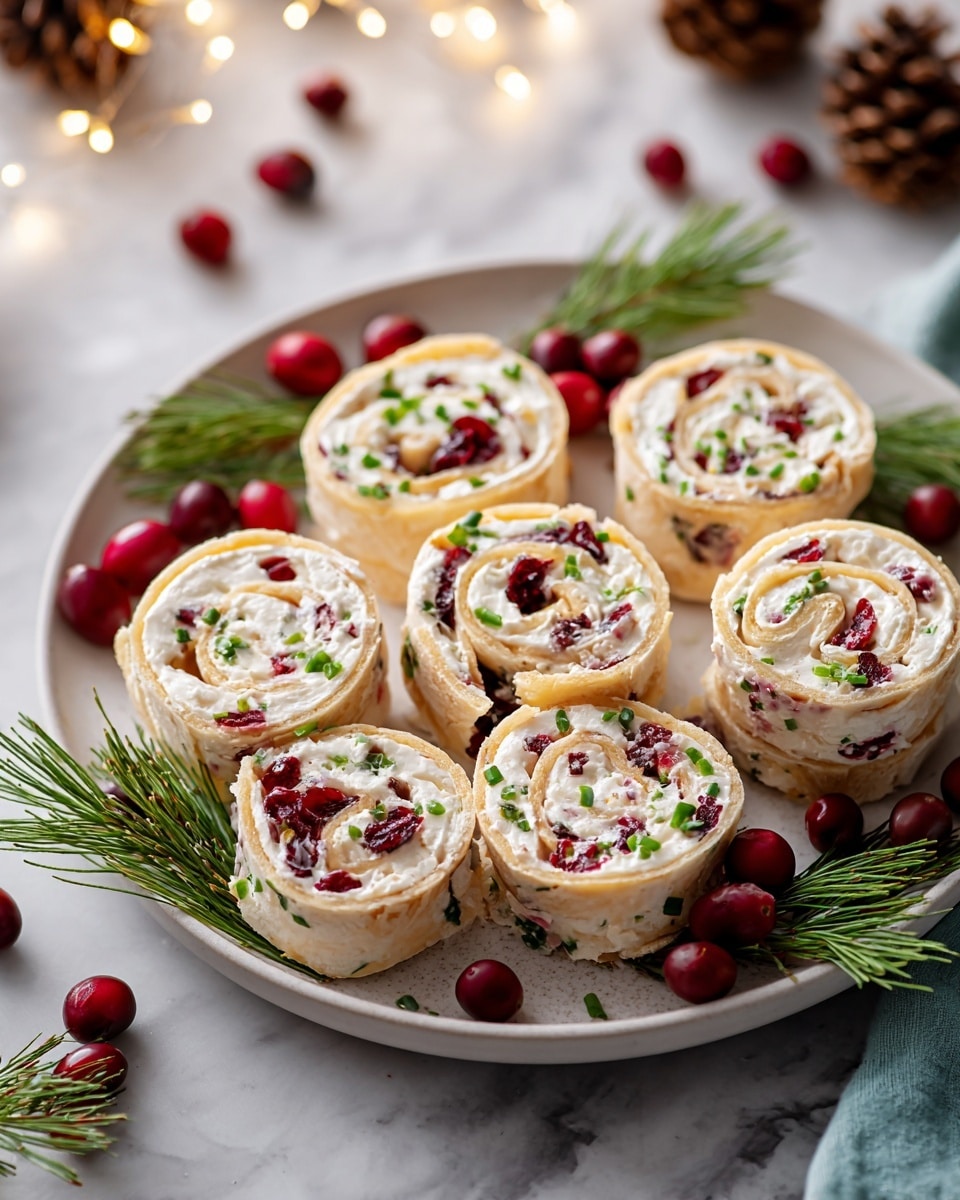 The image shows a white plate holding eight rolled pinwheel snacks, each about two layers thick. The outside layer is a light tan wrap, inside is a creamy white filling mixed with small pieces of red cranberries and chopped green herbs, likely chives, spread evenly through the spiral. Around the plate, fresh whole cranberries and green pine needles add color and decoration, set on a white marbled surface with warm fairy lights and pine cones softly blurred in the background. photo taken with an iphone --ar 4:5 --v 7