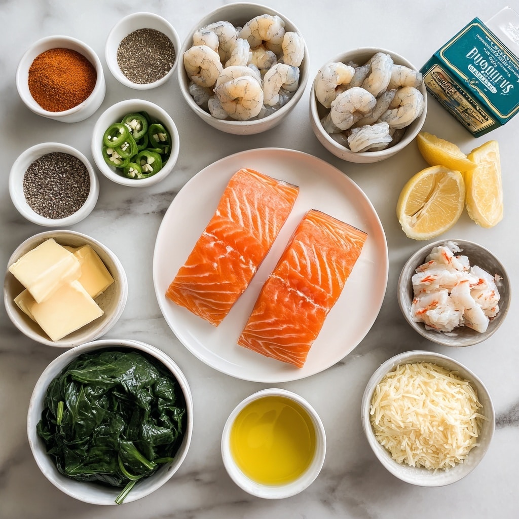 The image shows several small white bowls and plates arranged neatly on a white marbled surface, each holding different ingredients for cooking. At the center is a white plate with three fresh salmon fillets in bright orange with light white lines, next to it is a white bowl with peeled raw shrimp that are light gray and translucent. Around these main items are small bowls with spices and other ingredients: an orange-brown bowl with Cajun seasoning, a white bowl with black pepper, a black bowl with white salt, and another white bowl with a bright yellow liquid oil. There is also a white bowl with melted pale yellow butter, a gray bowl with dark green spinach, a small white bowl with chopped green jalapeno, a gray bowl with light brown minced garlic, and a gray bowl with grated pale yellow Parmesan cheese. A small white dish holds three lemon wedges in light yellow with white inner layers. Near the top right is a green box of Boursin cheese and a small white bowl with dark red smoked paprika. Finally, a white can holds white crab meat with a soft texture. Everything is carefully placed to show the ingredients clearly with good lighting, photo taken with an iphone --ar 4:5 --v 7