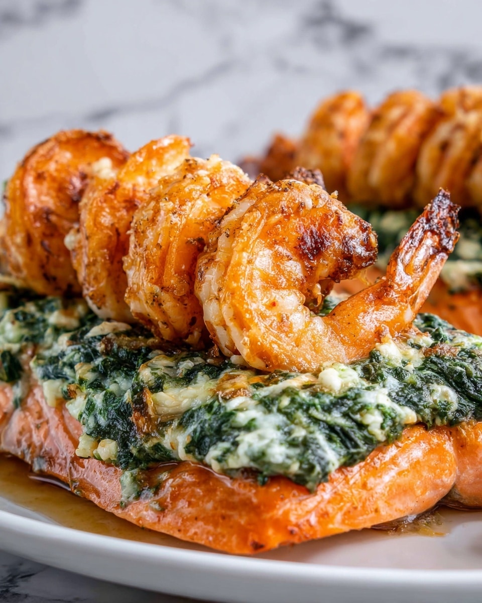 The dish shows several stacked layers, starting from the bottom with a pinkish cooked fish piece, topped with a creamy spinach and cheese mix that is light green with white texture, and finished on top by a layer of browned, grilled shrimp that are orange with char marks. The dish is garnished with lemon wedges on a white plate with a white marbled surface visible underneath and around it. The shrimp have a slight shine from cooking oil, while the creamy spinach mix has a soft texture with some melted cheese. Photo taken with an iphone --ar 4:5 --v 7