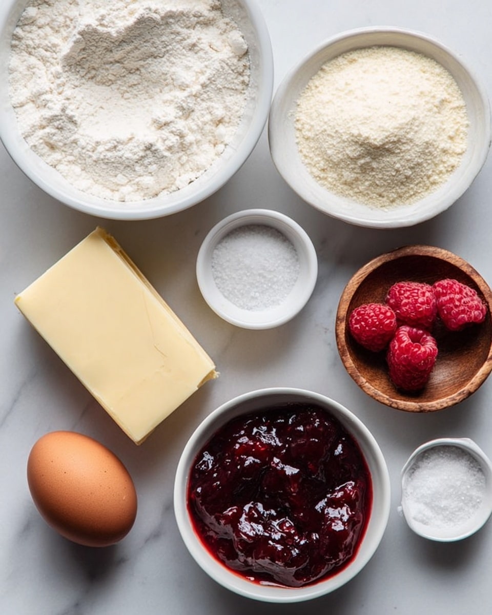 The image shows several white bowls and one small wooden bowl arranged on a white marbled surface. There is a large white bowl filled with flour at the top left, next to a small white bowl containing a light powdery ingredient. Below these, there is a small wooden bowl holding salt. Near the center left, a block of pale yellow butter is placed beside a single brown egg. On the right side, a small white bowl is filled with a thick, dark red jam with visible fruit pieces. At the bottom, there are two red raspberries next to a small white bowl with a fine white powder, likely sugar. The items are all spread out evenly across the surface, creating a neat and organized display. Photo taken with an iphone --ar 4:5 --v 7
