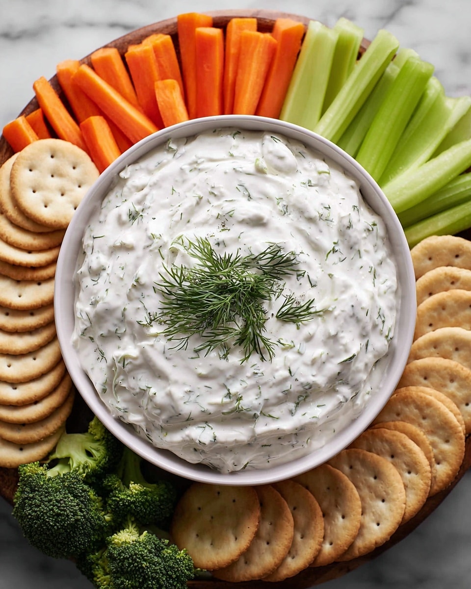 A white bowl filled with thick and creamy white dip with small green herbs mixed in, topped with a small bunch of fresh dill in the middle; the bowl is placed on a bed of fresh vegetable sticks and round crackers surrounding it in a circle. The vegetable sticks include bright orange baby carrots to the left, light green celery sticks at the top, and dark green broccoli florets at the bottom. The crackers are light golden and round, positioned to the right of the bowl, all placed on a white marbled surface. photo taken with an iphone --ar 4:5 --v 7