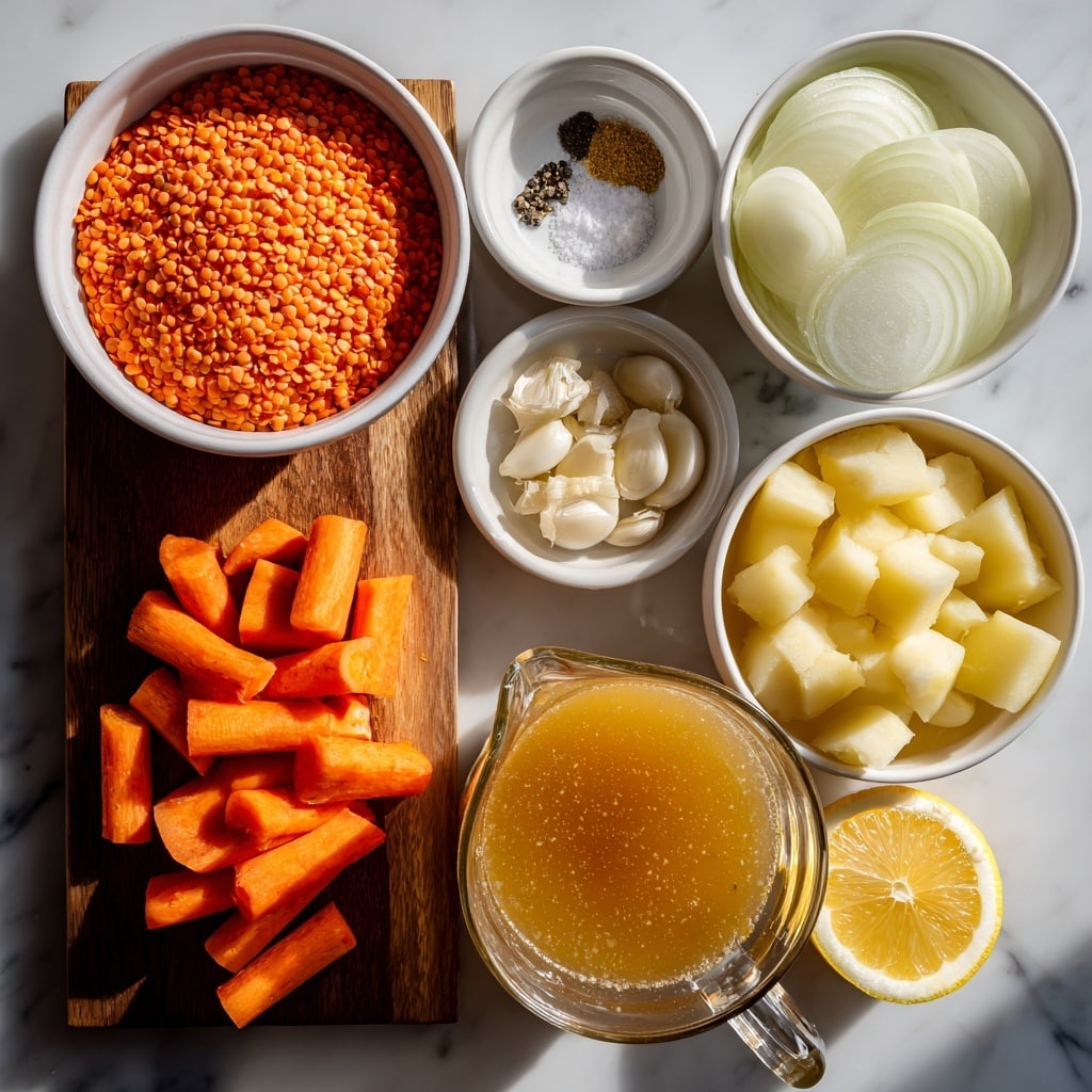The image shows various ingredients arranged neatly on a white marbled surface. At the bottom left, there is a white bowl full of bright orange red lentils placed on a small wooden board. Above it are two small bowls; one with white garlic cloves and another with white salt and black pepper. To the right, there is a white bowl with thick white onion slices, next to it is a white bowl with half a bright yellow lemon. Further right, there is a white bowl containing chopped light yellow potatoes. Below the potatoes, a white bowl holds large, thick pieces of bright orange carrot. At the bottom right corner, a clear pitcher filled with golden brown vegetable broth is visible. All items are brightly lit with clear and sharp details. Photo taken with an iphone --ar 4:5 --v 7