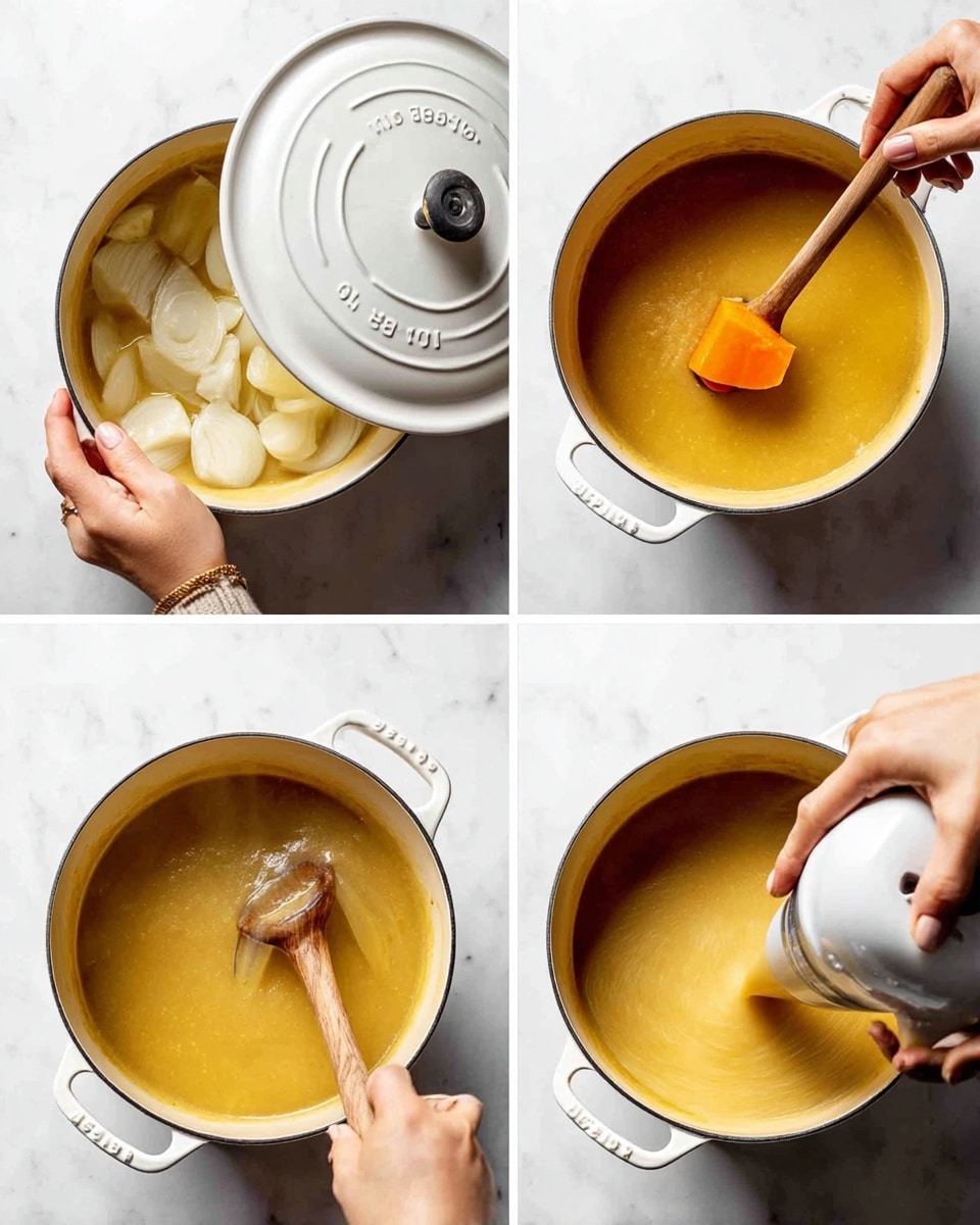 The image shows four steps of making a soup or sauce in a white pot on a white marbled surface. In the first frame, a woman's hand is holding the lid of the pot. The second frame shows a close-up inside the pot with yellow broth, white peeled onions floating, and a wooden spoon holding an orange carrot cube, while a woman's hand uses a fork to pick it up. The third frame has a wooden spoon inside the pot stirring a thick yellow mixture while a woman's hand holds a white immersion blender blending the soup. In the last frame, the pot contains a smooth, thick mustard-yellow soup being stirred by a wooden spoon held by a woman's hand, with steam rising slightly. photo taken with an iphone --ar 4:5 --v 7