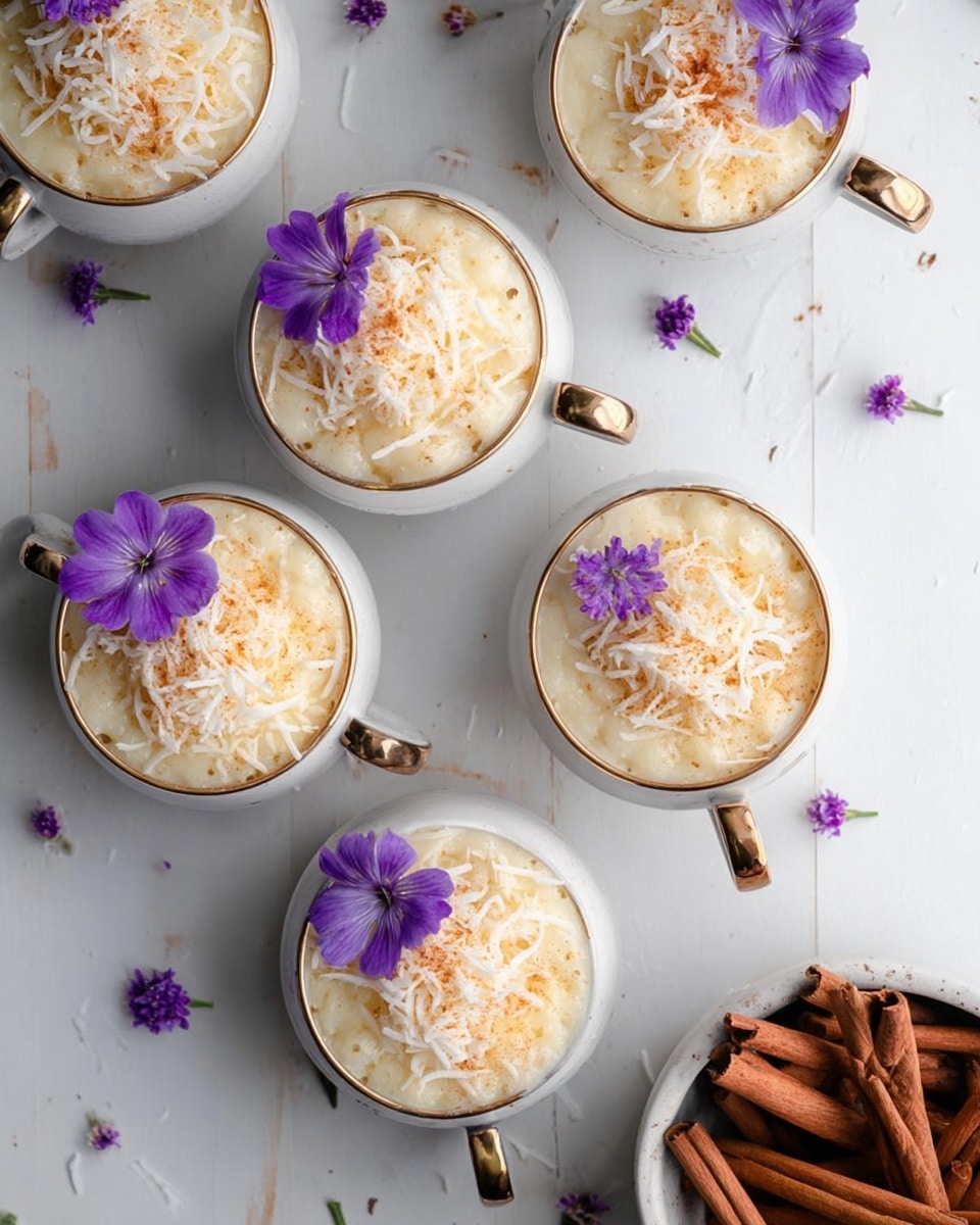 The image shows six cups filled with a creamy beige dessert topped with shredded white coconut and a small purple flower on each serving. The cups are white with gold handles, arranged closely on a white marbled surface that has small purple flowers scattered around. In the bottom right corner, there is a white container filled with brown cinnamon sticks, adding a warm color contrast. The overall look is soft with light colors and delicate floral decoration, viewed from above. photo taken with an iphone --ar 4:5 --v 7