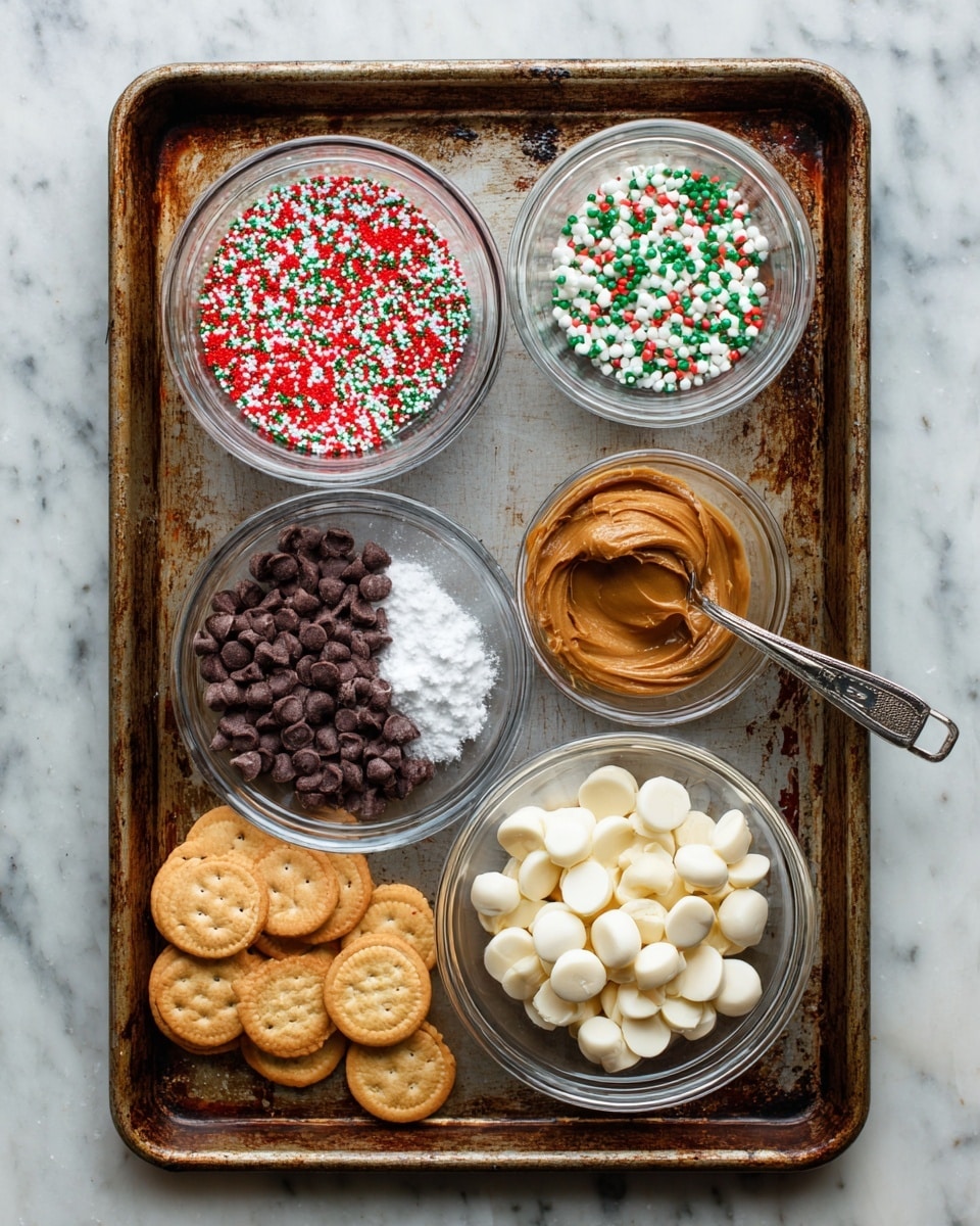 A basket lined with brown paper holds a mix of round cookies covered in dark brown chocolate and white chocolate. Each cookie is decorated on top with small red, green, silver, and white round sprinkles. In the center, two white chocolate-covered cookies are stacked, showing a cross-section of three layers inside: a light brown top layer, a middle brown creamy layer, and a bottom light crumbly layer. The background has a white marbled texture. Photo taken with an iphone --ar 4:5 --v 7