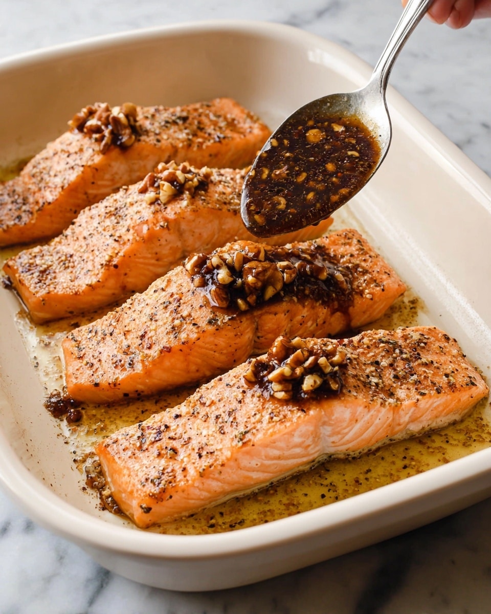Four pieces of cooked salmon fillets lay in a white baking dish, each showing a pink-orange color with a light crust of black pepper and seasoning. A shiny spoon held by a woman's hand drizzles a thick layer of dark brown sauce with chopped nuts in the center of one salmon piece. The white baking dish sits on a surface with a white marbled texture. photo taken with an iphone --ar 4:5 --v 7