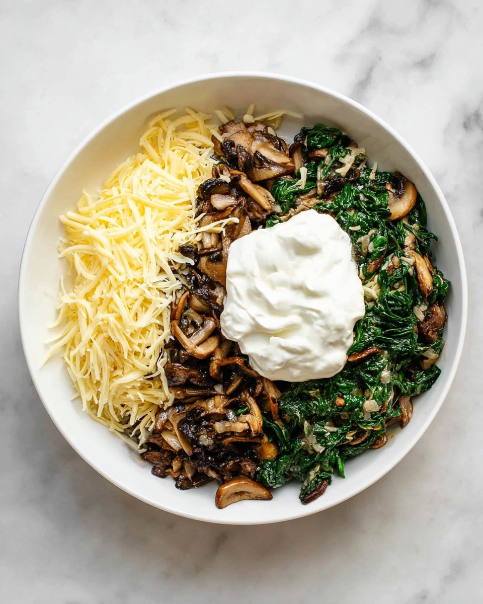 The image shows a white bowl on a white marbled surface, filled with three main layers arranged side by side. On the left side, there is a pile of shredded light yellow cheese. On the right side, there is a mix of cooked mushrooms and dark green spinach, both with a slightly shiny texture. In the center, between the two piles, sits a dollop of smooth white sour cream. The lighting is bright and clear, highlighting the different textures and colors of the ingredients. photo taken with an iphone --ar 4:5 --v 7
