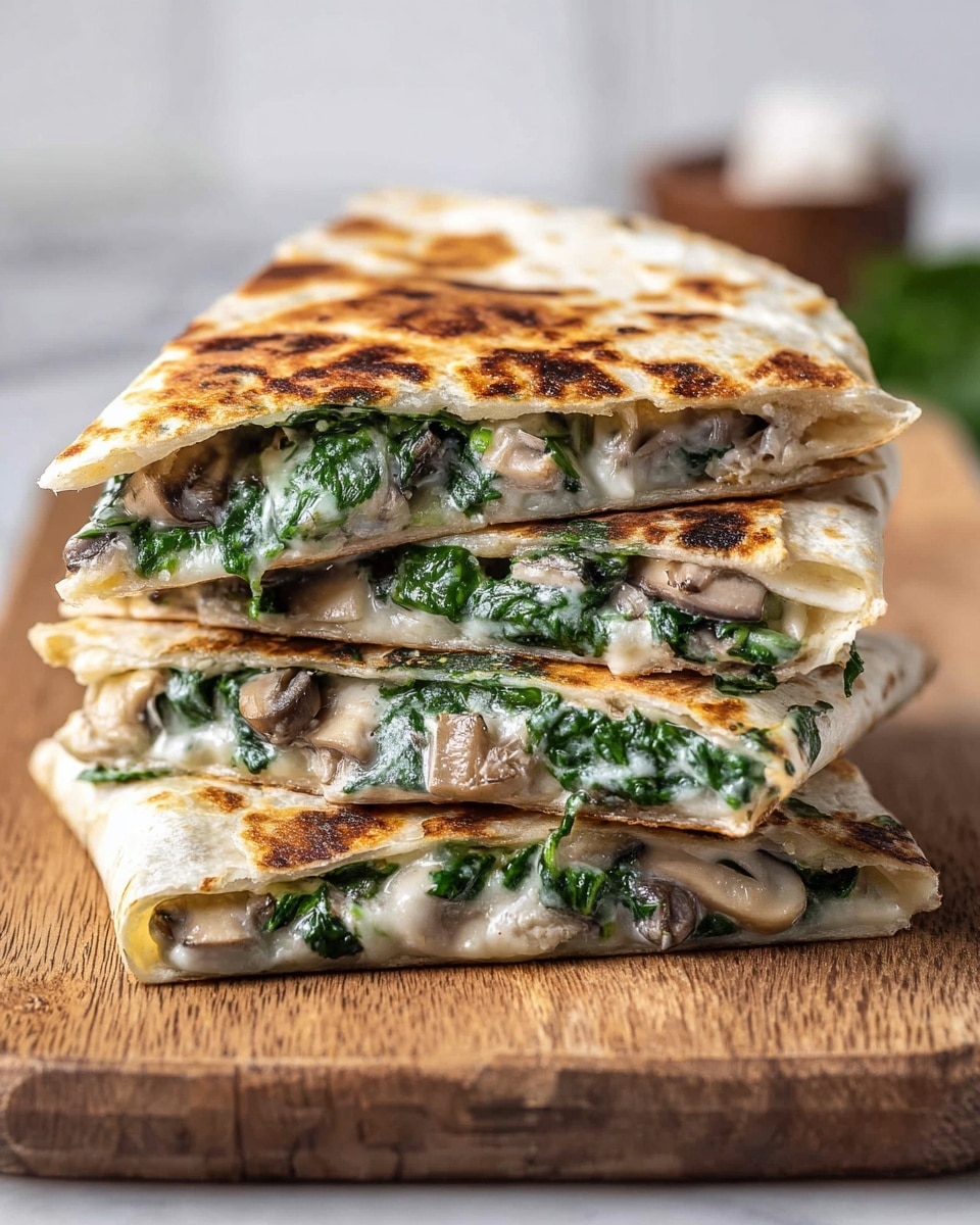 A stack of four folded quesadilla slices with golden brown, slightly charred white tortilla on the outside. Each slice shows two inside layers filled with creamy white melted cheese mixed with chopped green spinach and chopped light brown mushrooms. The quesadillas are placed on a light brown wooden surface with some blurred items in the background, set against a white marbled texture. photo taken with an iphone --ar 4:5 --v 7