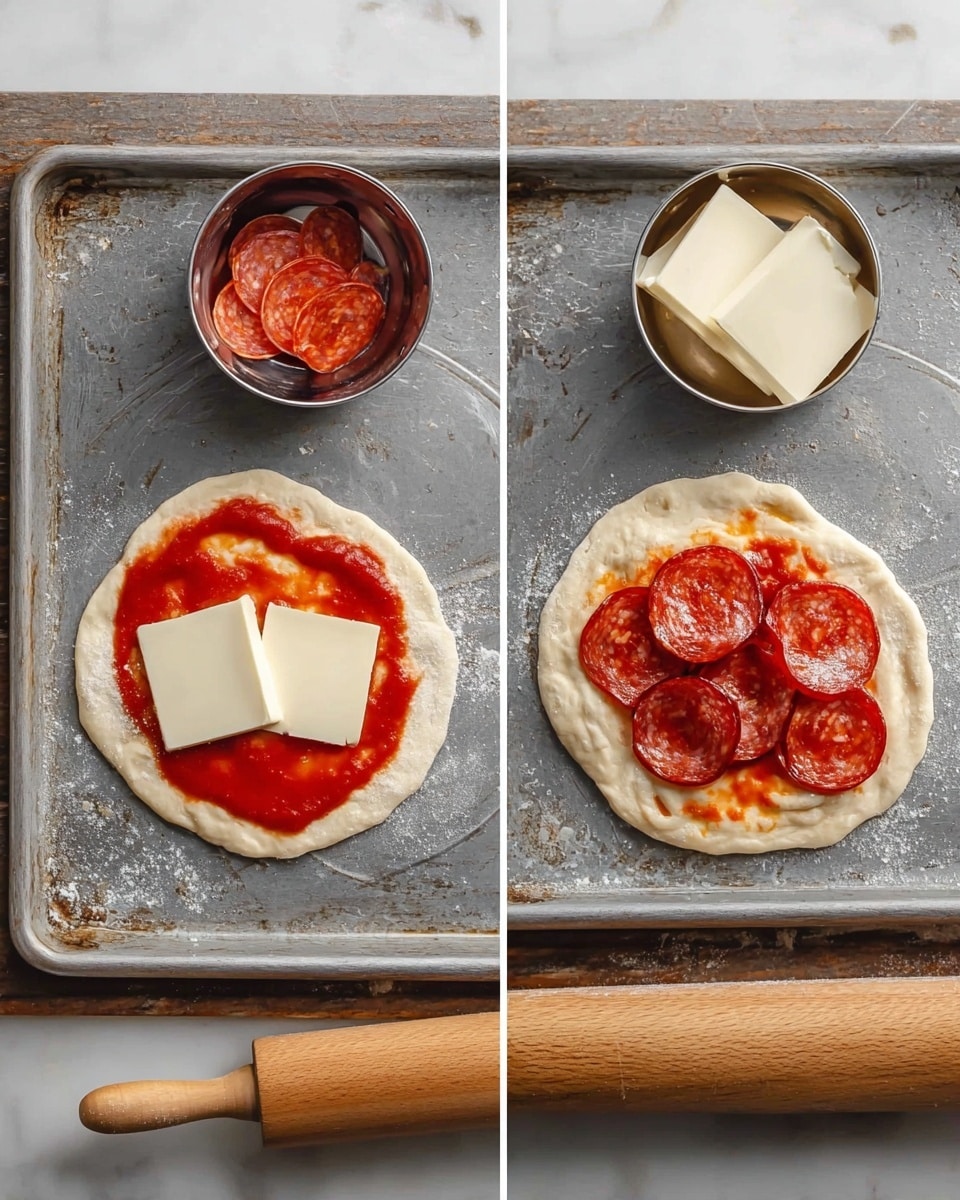 Five golden brown, round baked rolls with a slightly shiny surface are arranged closely in a grey textured tray lined with light brown parchment paper. The rolls have a light sprinkle of grated cheese and small green herb bits on top. In the corner of the tray is a small white ramekin bowl filled with thick, smooth, deep red tomato sauce garnished with a bit of green herbs. The scene is set on a white marbled surface. photo taken with an iphone --ar 4:5 --v 7