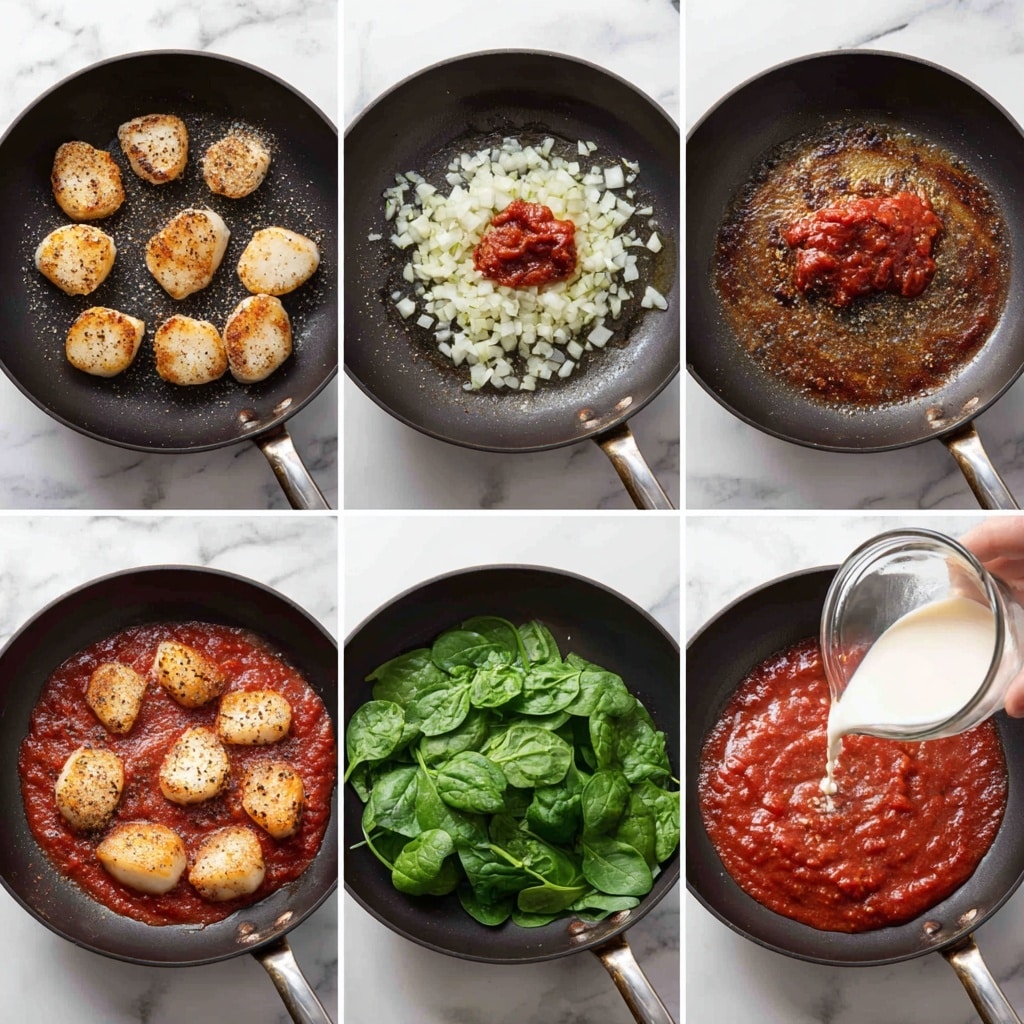 The image shows six steps of cooking in a dark pan. Step one has seven pieces of light golden cooked meat with a bit of black pepper on top. Step two shows finely chopped white onions with minced garlic and a small dollop of red paste in the middle. Step three has the cooked onions and garlic mixed with red spices and water being poured in, creating steam. Step four displays a thick red tomato sauce with bubbling spots and some pieces of meat inside. Step five shows fresh green spinach leaves piled on top of the red sauce in the pan. Step six captures light cream being poured from a clear measuring cup into the thick red sauce with spinach and meat. All the pans are on a white marbled surface. Photo taken with an iphone --ar 4:5 --v 7