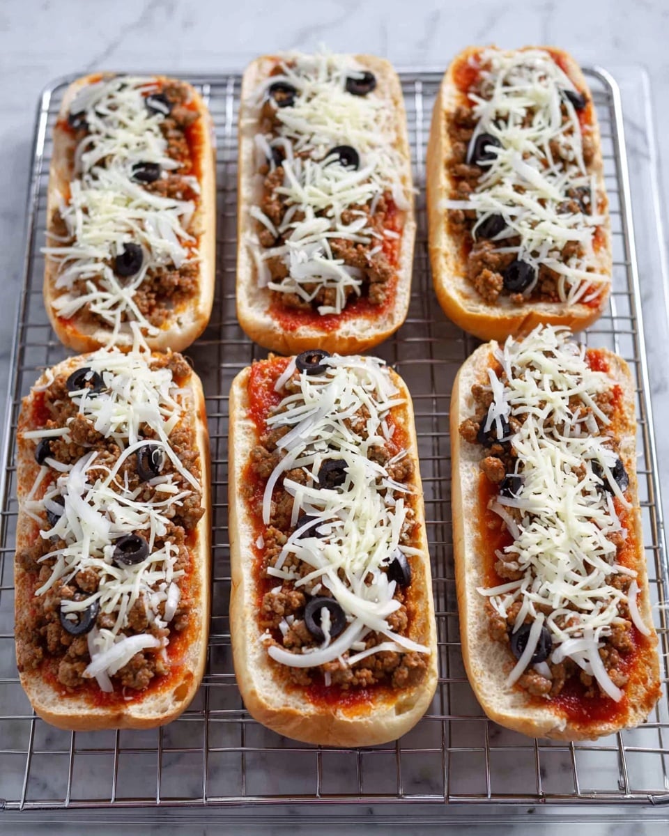 Four pizza subs are placed side by side on a metal cooling rack above a white marbled surface. Each sub has three main layers: a base layer of soft, white bread with a light golden crust, a middle layer of red tomato sauce spread evenly, and a top layer made of shredded white cheese scattered generously. On top of the cheese, small chunks of browned meat, thin slices of black olives, and thin white onion slices are spread in a scattered pattern across the length of each sub. The overall look is fresh and ready to be baked. Photo taken with an iphone --ar 4:5 --v 7