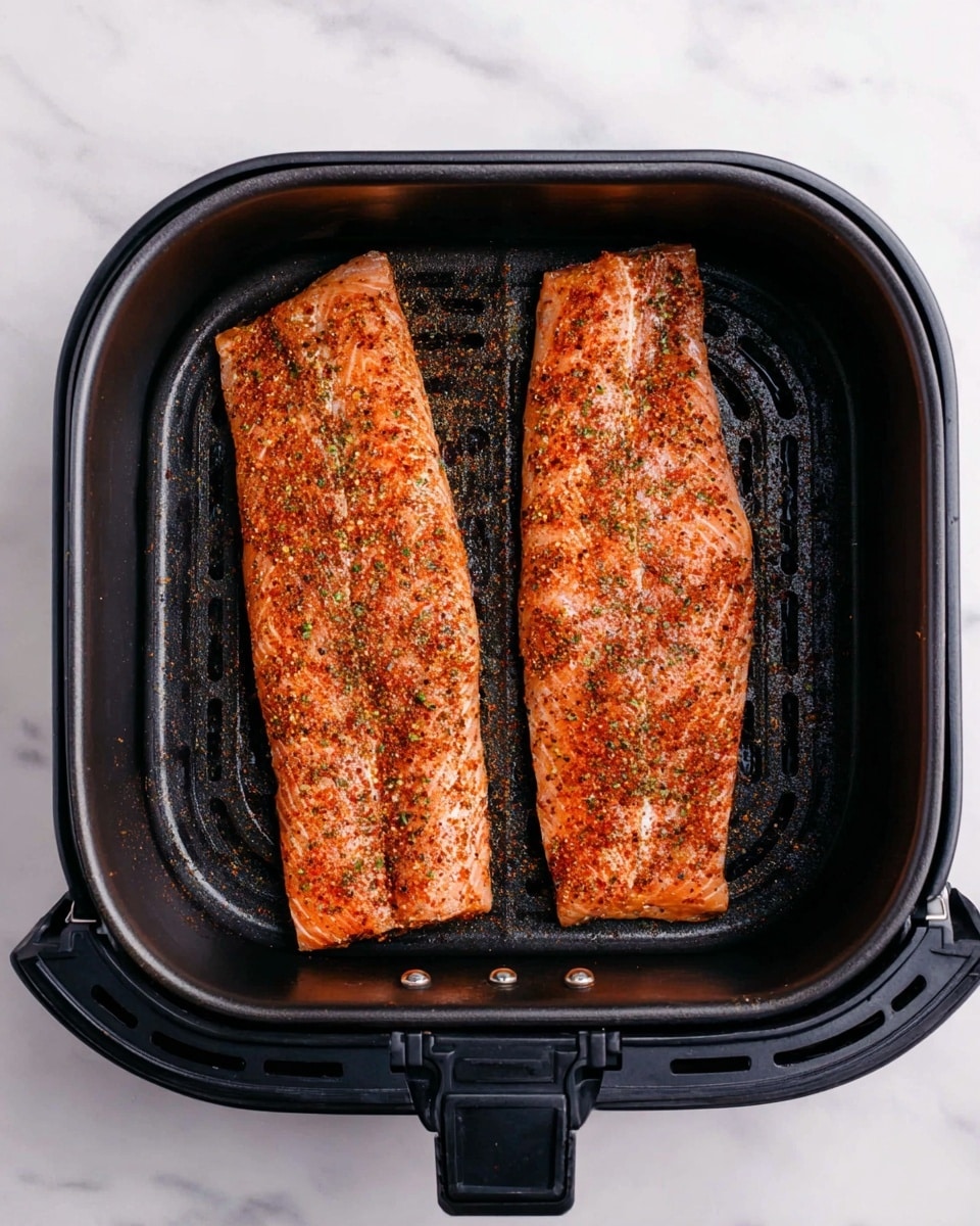 A rectangular white plate holds two long, raw fish fillets with a light pink color. The fillets are laid flat, side by side, covering most of the plate. One side of each fillet is coated with a coarse, crumbly spice mix in shades of light brown, reddish-orange, and green flecks, giving a textured look. In the background, on the white marbled surface, there is a small white dish with more of the same spice mix. The setting is bright and clean with soft natural light. photo taken with an iphone --ar 4:5 --v 7