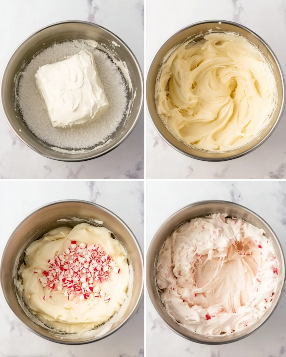 Four images show the process of making a creamy mixture in a round steel bowl placed on a white marbled surface. The first image shows a block of white cream cheese with white powdered sugar on top. The second image shows the cream cheese and sugar whipped together into a smooth, pale yellow creamy texture. The third image shows the creamy mixture with two new ingredients added on top: small red and white candy pieces on the left side and a thick white cream on the right side, still inside the bowl. The fourth image shows all ingredients mixed together into a fluffy, light pink creamy mixture filling the bowl. photo taken with an iphone --ar 4:5 --v 7