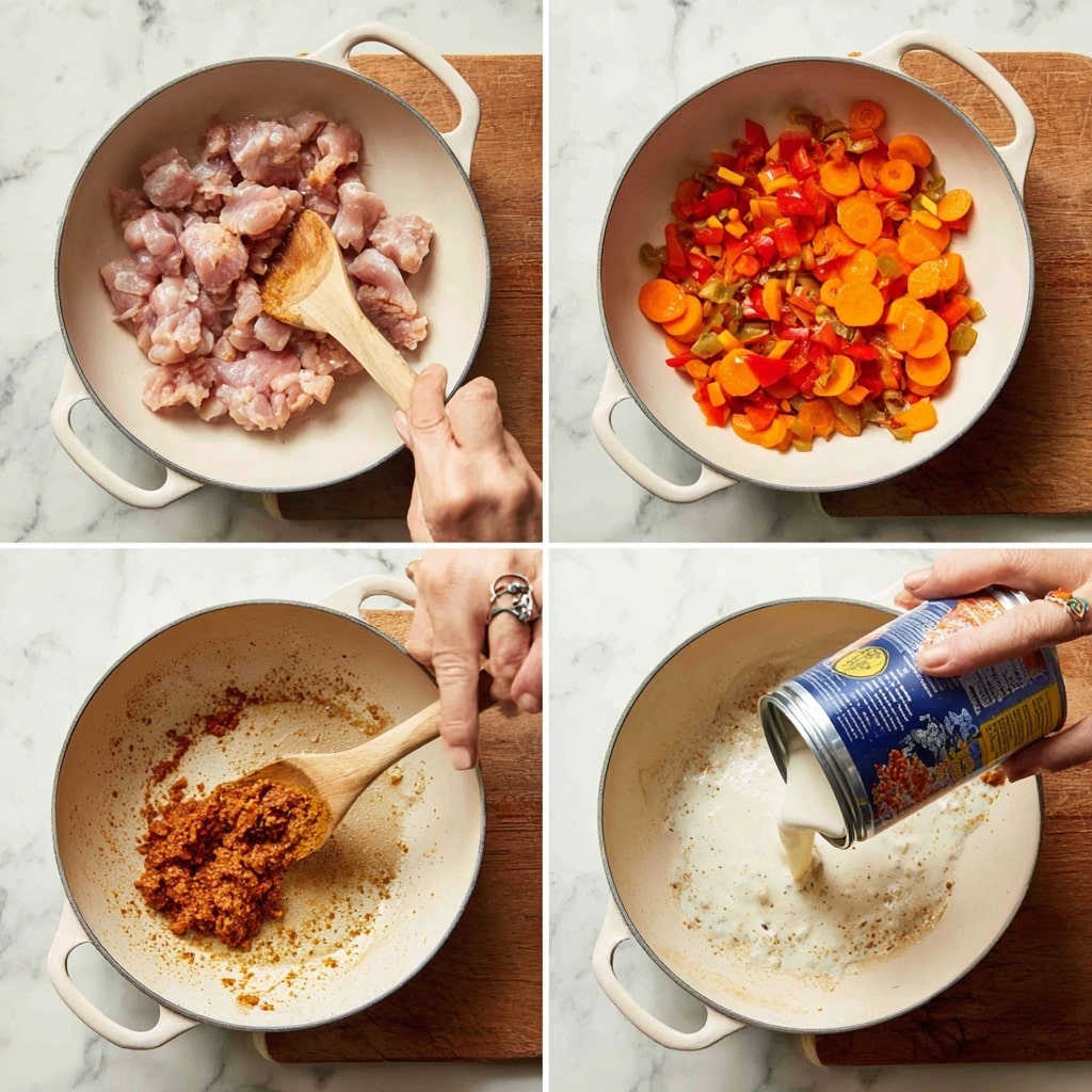 The image shows four steps of cooking in white pans placed on a wooden surface. Step 1 shows pieces of raw light pink meat being stirred with a wooden spoon by a woman's hand. Step 2 displays sliced orange carrots and orange bell peppers being added with a wooden spoon into the white pan. Step 3 shows a brownish-red spice paste being scraped out into the pan with a spoon, held by a woman's hand with a ring on her finger. Step 4 depicts a white creamy liquid being poured from a blue and yellow can into the pan over the brown spice paste. The background is a white marbled texture. photo taken with an iphone --ar 4:5 --v 7
