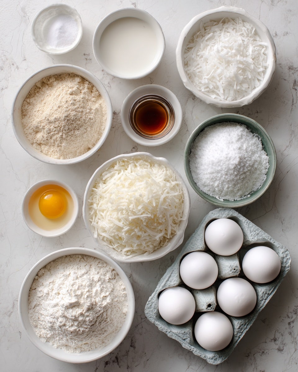 The image shows several bowls and a carton filled with baking ingredients arranged on a white marbled surface. There are two small white bowls with light brown interiors holding baking powder and salt, a small clear cup with a white liquid, a small white bowl with vanilla extract, and a gray bowl filled with white flour. A larger white bowl contains shredded coconut, and another white bowl is filled with white sugar. There is also a white bowl with cream or yogurt and a carton with many white eggs, some of which are stacked on top. The overall color scheme is white with light textures of powder and liquid, all placed neatly. photo taken with an iphone --ar 4:5 --v 7