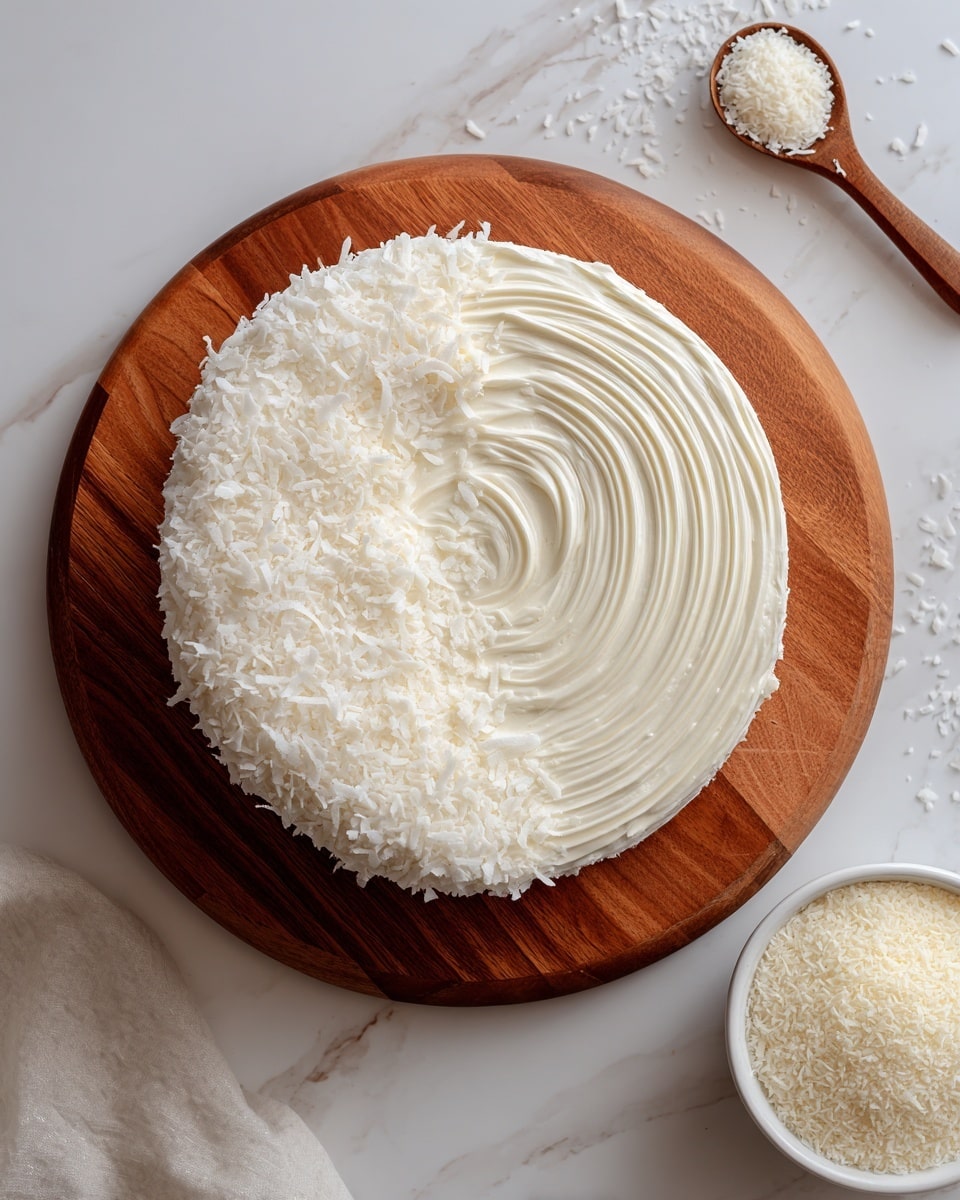 A round cake with a donut shape is placed on a wooden board, covered in smooth white frosting spread evenly on the top and sides. The left half of the cake is decorated with thin, white coconut flakes scattered over the frosting, some falling onto the board. On the right side, the frosting is plain and textured with soft swirls. To the right of the board, there is a white bowl filled with more white coconut flakes. The background is a white marbled surface. photo taken with an iphone --ar 4:5 --v 7