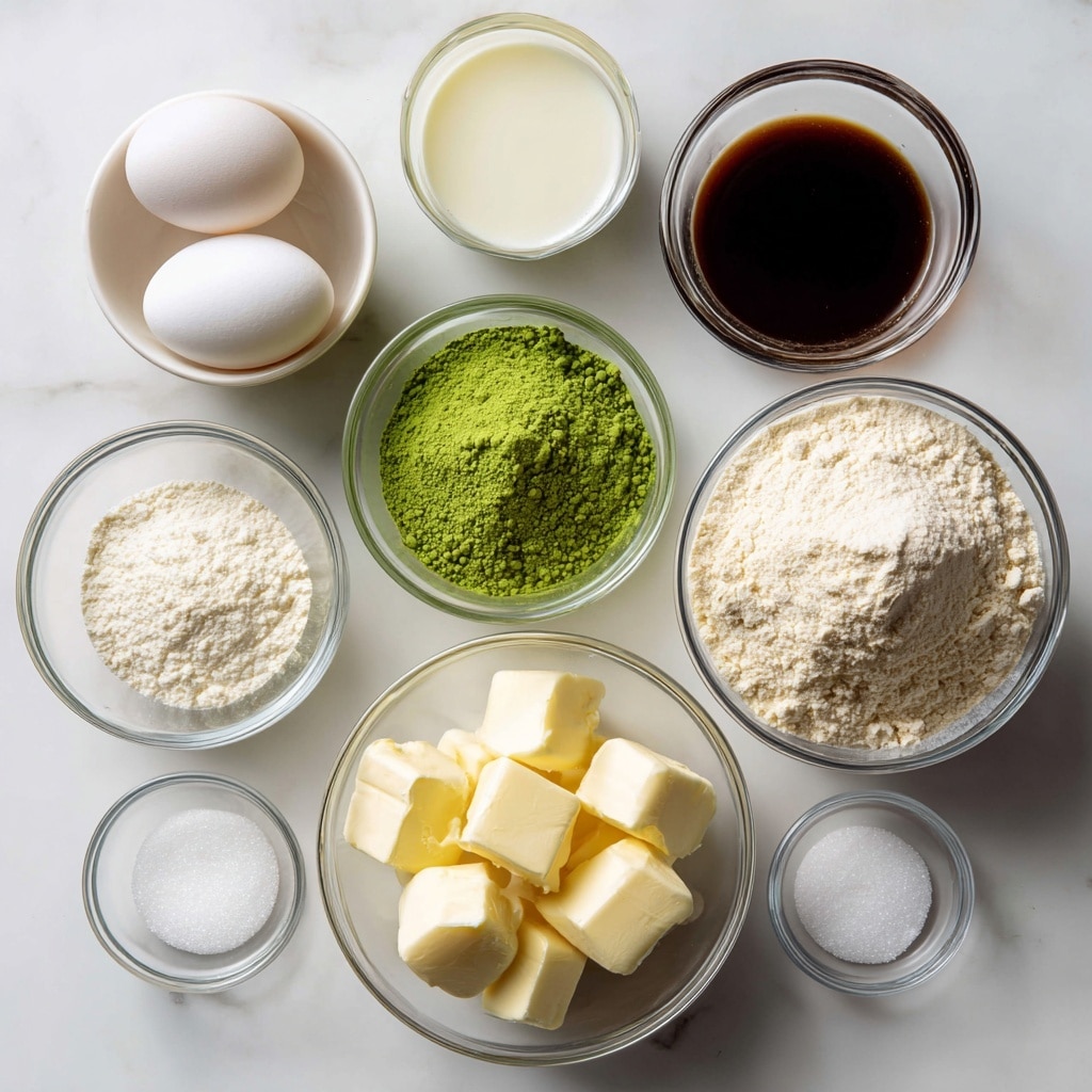 The image shows nine bowls and a small dish arranged on a white marbled surface. Starting from the top left, there is a small white bowl holding two white eggs. To the right, a small clear glass bowl filled with dark brown vanilla extract is next to another clear bowl containing bright green matcha powder. Further right, a clear bowl holds white whole milk. Below the eggs, a small clear bowl contains white cake flour. In the center, a medium clear bowl is filled with several chunks of pale yellow unsalted butter. To the right is a large clear bowl filled with light beige all-purpose flour. At the bottom left, a medium clear bowl holds white granulated sugar. In front of the butter bowl, a very small clear dish contains a small amount of white salt. The bowls' ingredients are neatly placed and spaced on the smooth white tiled marbled surface. Photo taken with an iphone --ar 4:5 --v 7