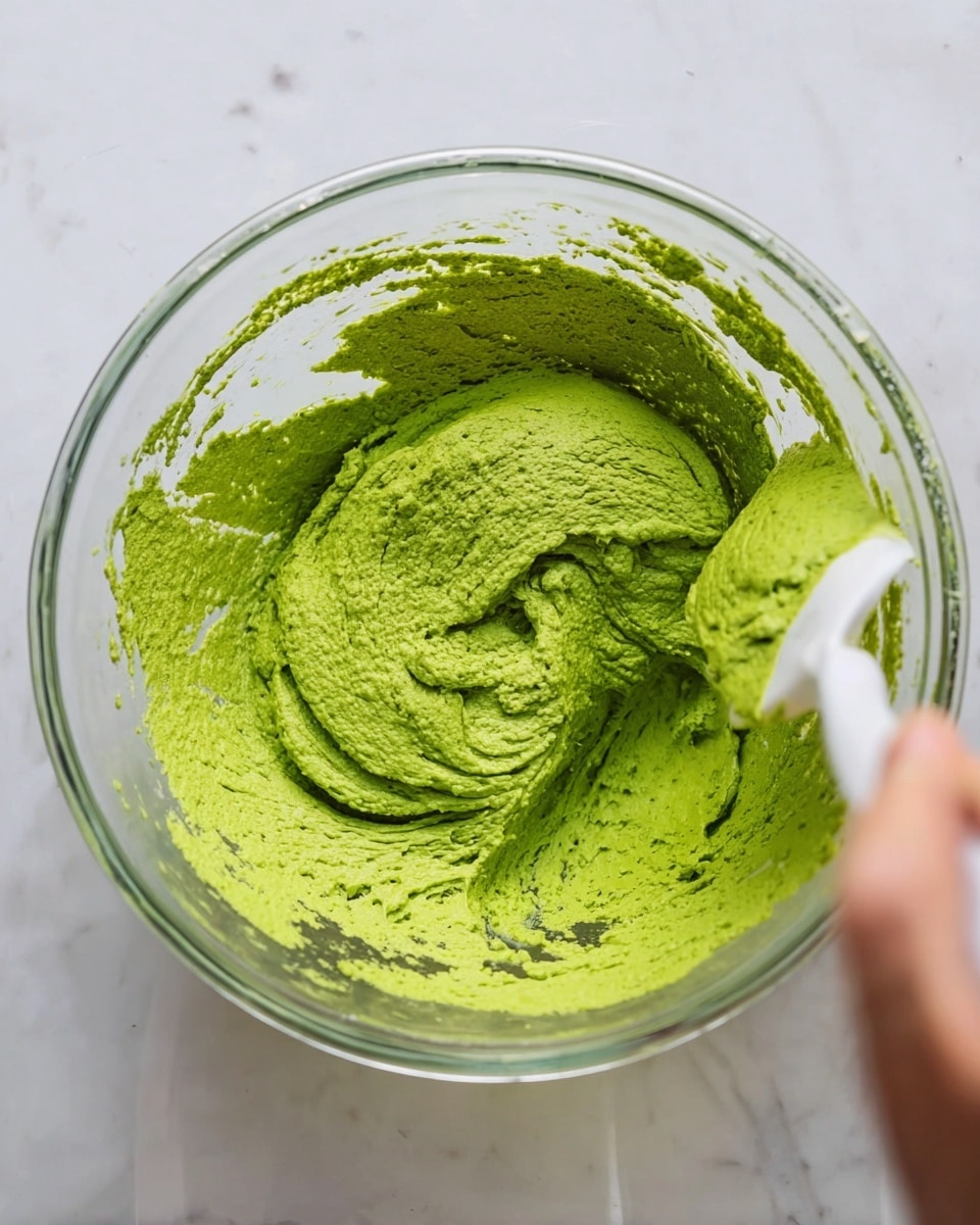 A clear glass bowl holds a thick, vibrant green mixture with a smooth but slightly grainy texture. The mixture is swirled in the center of the bowl, showing some depth and folds, and has left green streaks along the inner sides of the bowl. A woman's hand is seen in the upper right corner holding a white spatula, partly blurred as it moves. The bowl sits on a white marbled surface. photo taken with an iphone --ar 4:5 --v 7