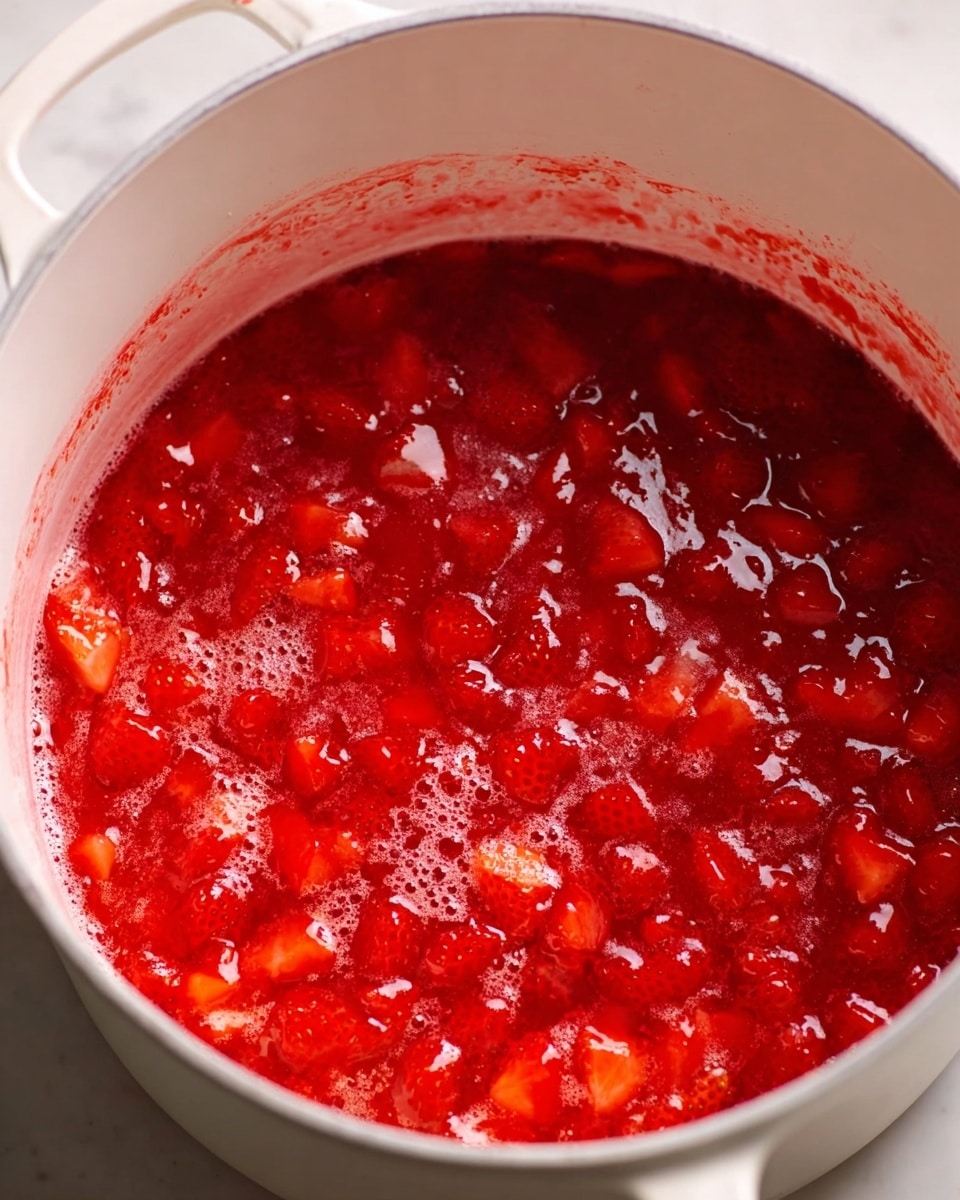 Inside a white pot filled with a thick, bright red mixture, small chunks and bits of strawberries are visible in a slightly bubbly, glossy sauce that looks like it is cooking or simmering. The red strawberry sauce covers the entire inside surface of the pot, with a few splashes on the upper white sides, showing a rich, textured consistency. The pot sits on a white marbled surface, making the vibrant red color stand out clearly. photo taken with an iphone --ar 4:5 --v 7