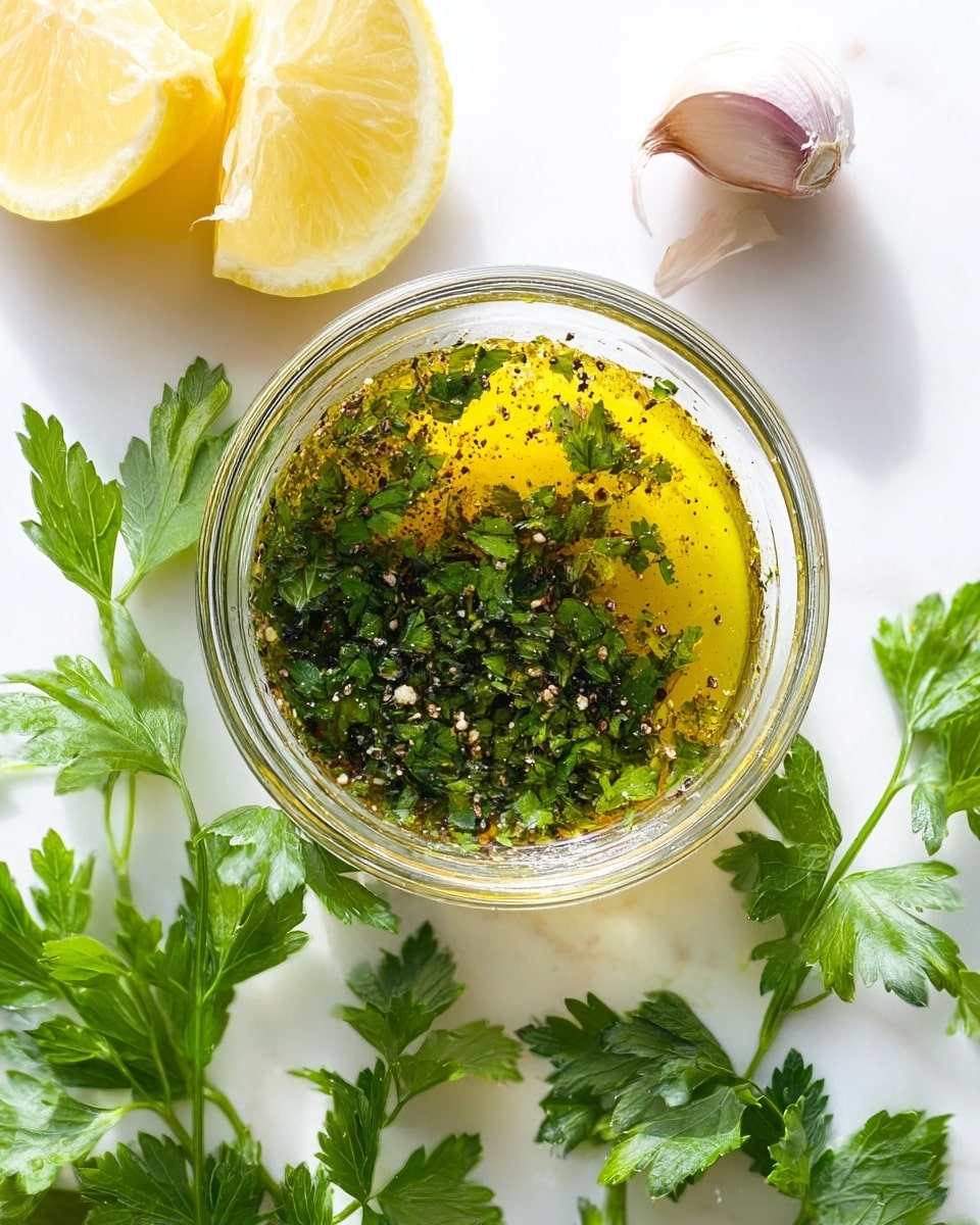 A small glass bowl sits in the center filled with a two-layered dressing: the bottom layer is a clear, bright yellow olive oil mixed with specks of black pepper, and the top layer has chopped dark green parsley floating on it. Around the bowl, there are fresh bright green parsley leaves scattered on a white marbled surface. To the left of the bowl, two lemon halves sit showing their pale yellow, juicy interior. At the top right, a light purple-white garlic bulb rests with some papery skin loose beside it. The scene is brightly lit with clean, natural light. photo taken with an iphone --ar 4:5 --v 7