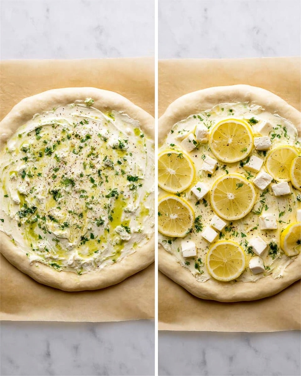 Two side-by-side images of a white pizza dough on a parchment paper over a white marbled surface. The first image shows a single layer of creamy white sauce mixed with a bright green herb oil spread evenly over the dough, with a slightly raised pale crust around the edge. The second image adds a second layer on top: three thin pale yellow lemon slices placed evenly, and scattered chunks of soft white cheese with a slight creamy texture. There is a light sprinkle of green herbs and black pepper over the toppings. photo taken with an iphone --ar 4:5 --v 7