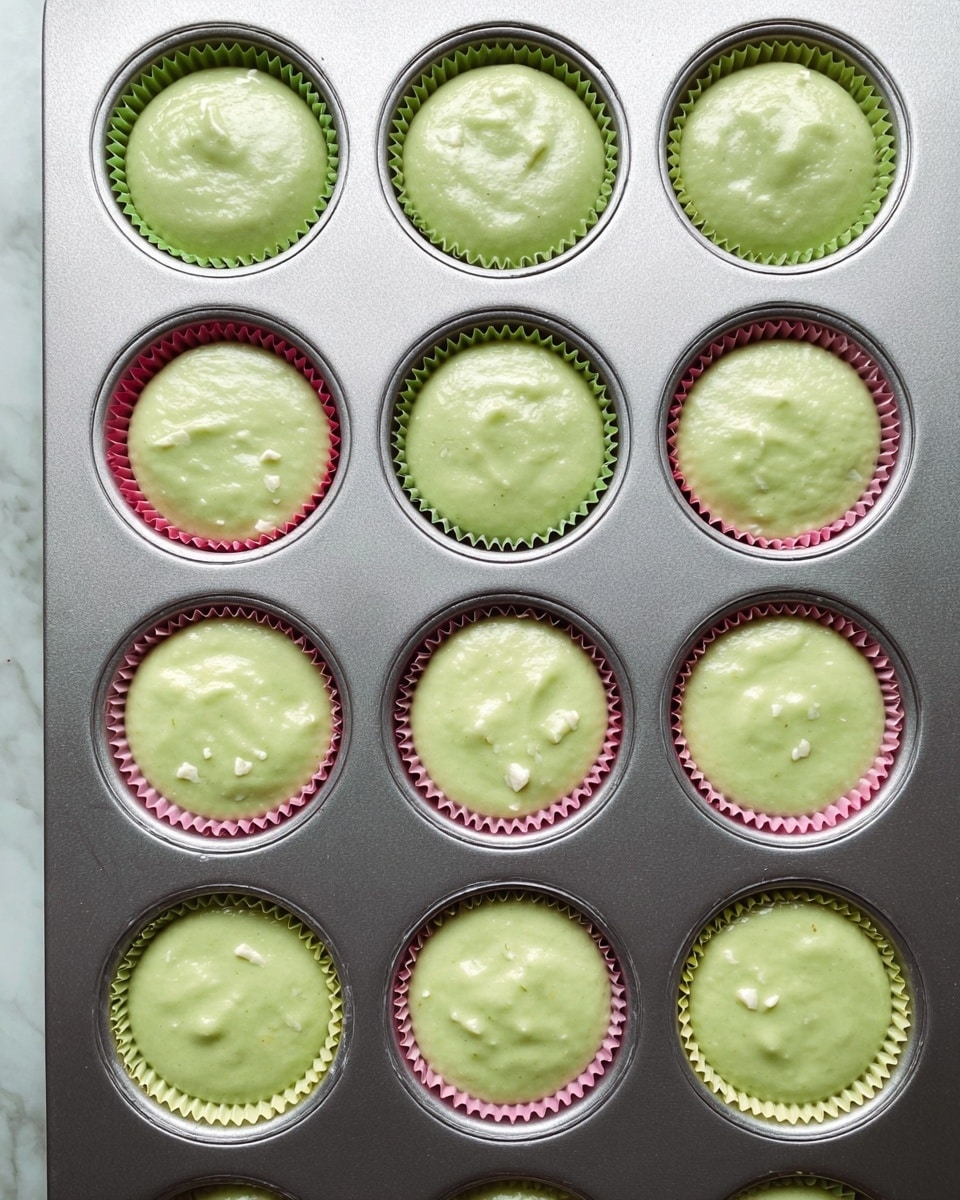 A metal muffin tray holding twelve cupcake slots, each filled with light green batter that looks smooth with small white bits inside. The cupcakes are in paper liners, alternating between green and pink colors, neatly placed inside the metal tray. The batter is evenly spread, filling each liner almost to the top. The surface and background show a soft, white marbled texture, giving a clean and bright look. photo taken with an iphone --ar 4:5 --v 7