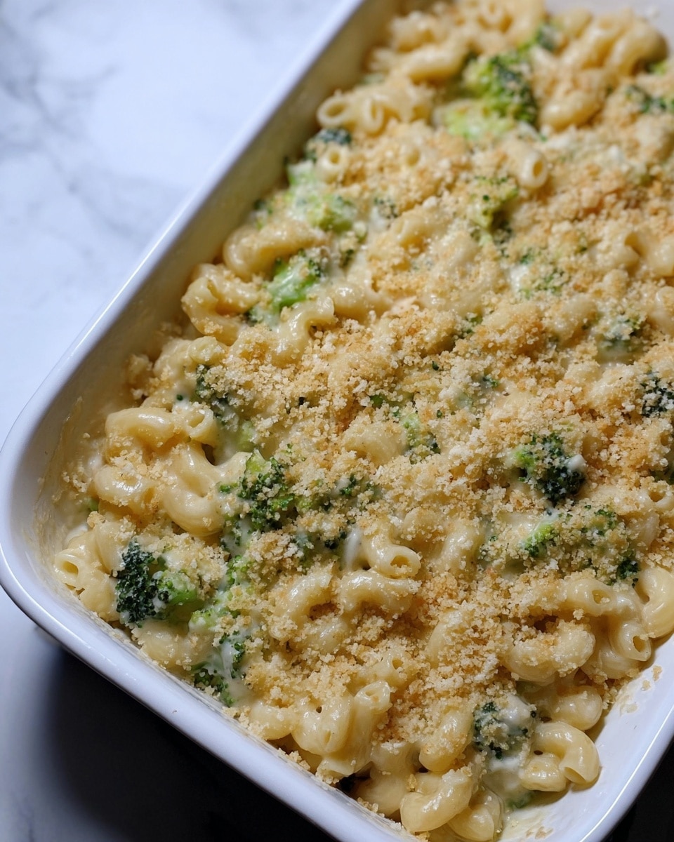 The image shows a white baking dish filled with a creamy macaroni and cheese casserole with visible broccoli pieces mixed in. The macaroni is short and curly, coated in a shiny cheese sauce that gives a smooth, creamy texture. On top, there is a layer of light golden breadcrumbs sprinkled evenly, adding a crumbly texture. The broccoli pieces appear evenly distributed in the casserole, adding spots of green among the pale yellow pasta. The dish sits on a white marbled surface and the photo is taken from a close, slightly angled view. Photo taken with an iphone --ar 4:5 --v 7