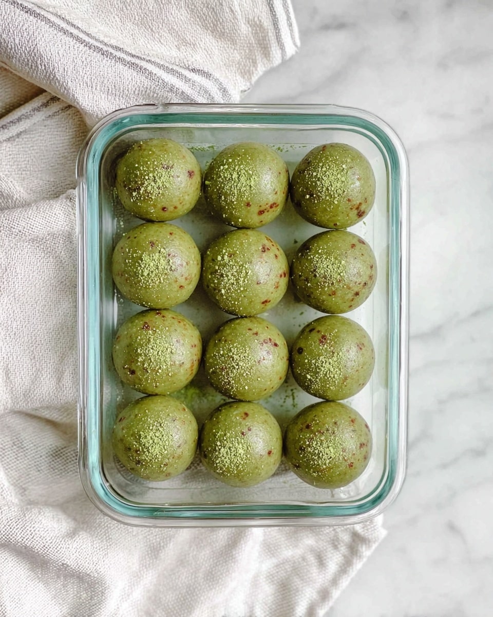 A glass container holds 15 round green balls arranged neatly in three columns and five rows. Each ball has a slightly rough texture with tiny brown and red specks. There is a light dusting of green powder on top of some balls. The container rests on a white marbled surface with white cloths, one striped and one plain, placed around the container. photo taken with an iphone --ar 4:5 --v 7